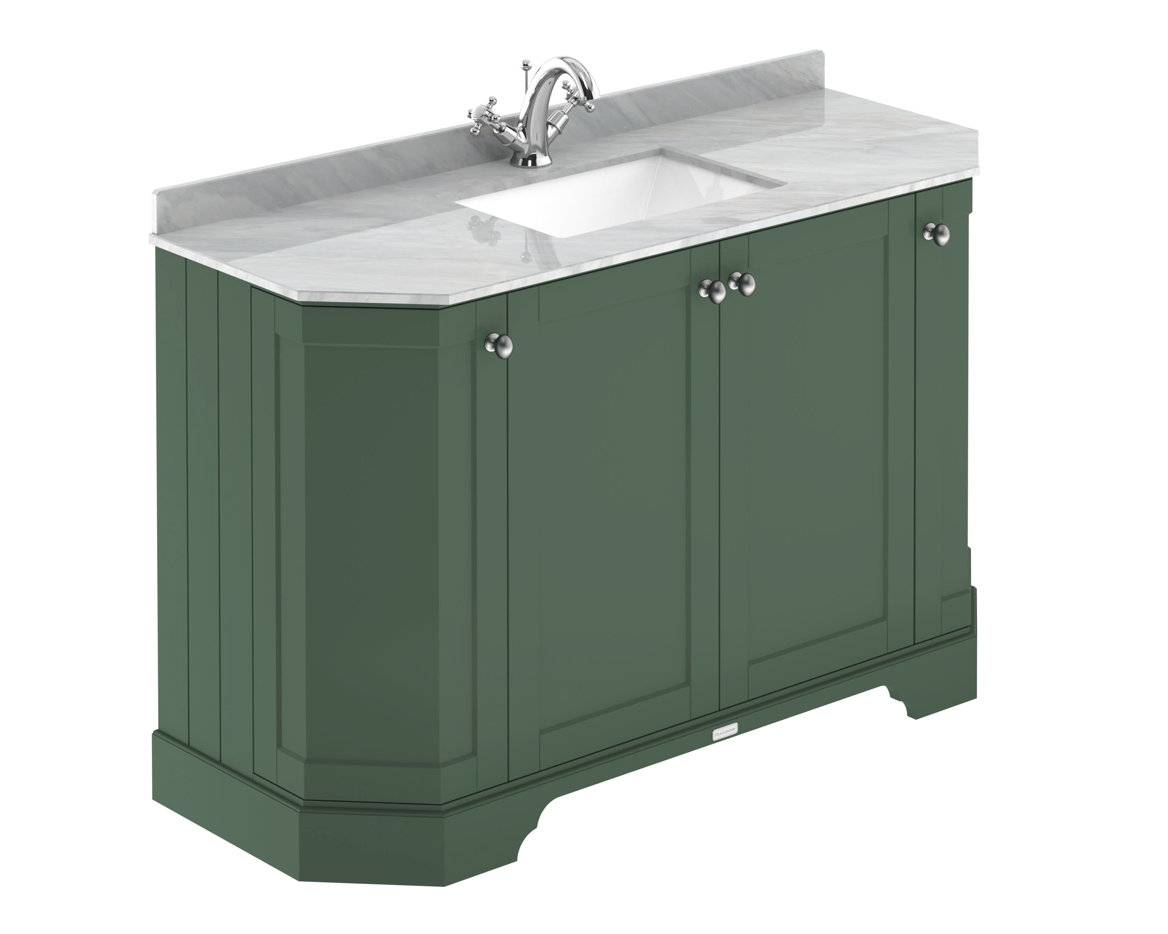Old London Floor Standing Vanity Unit with Basin 1 Tap Hole and Grey Marble Top, Durable 4 Door Angled Traditional Sink Vanity Unit for Bathroom in Hunter Green, 1200mm