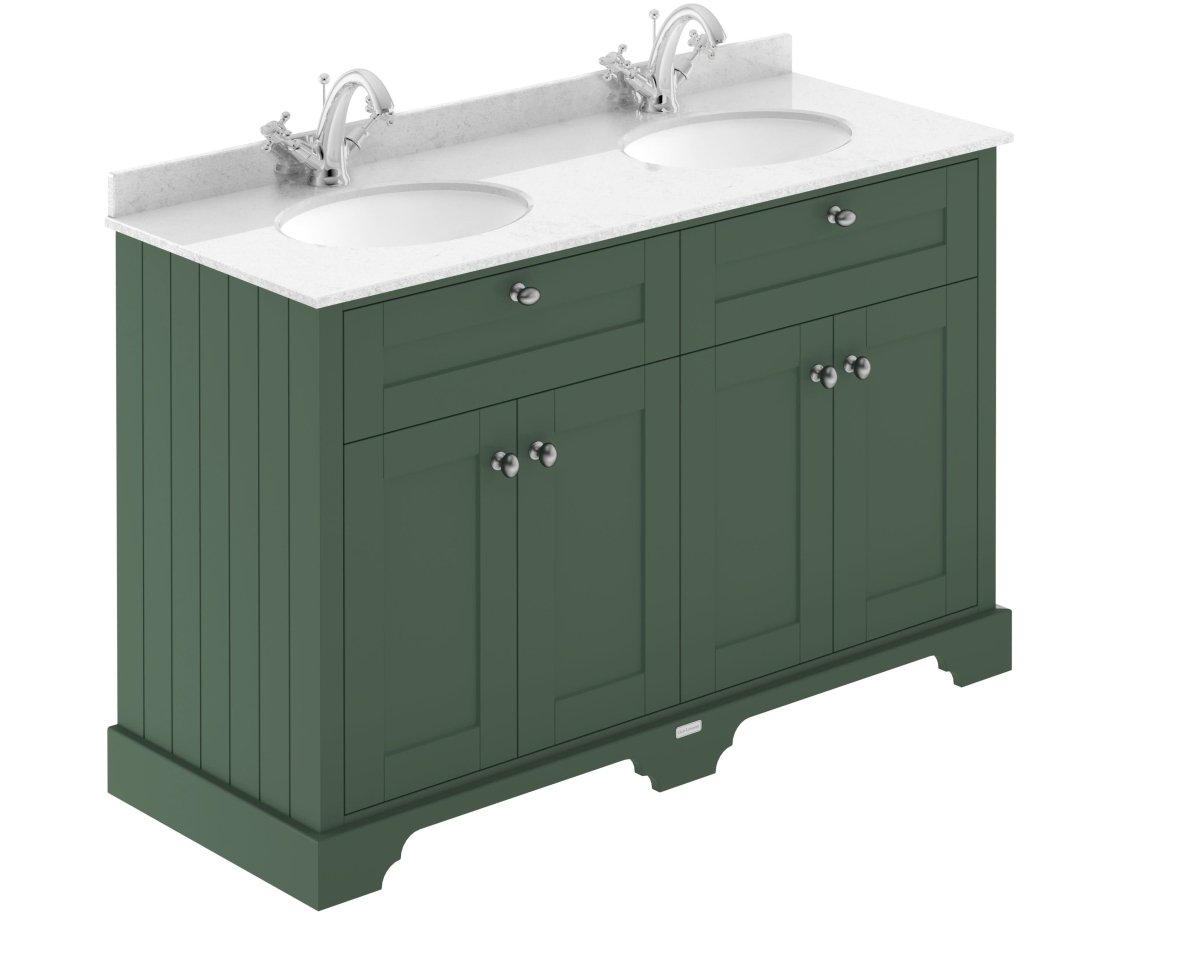 Old London Floor Standing Vanity Unit with Double Basin 1 Tap Hole and White Marble Top, Durable 4 Angled Door Traditional Bathroom Vanity Unit in Hunter Green, 1200mm