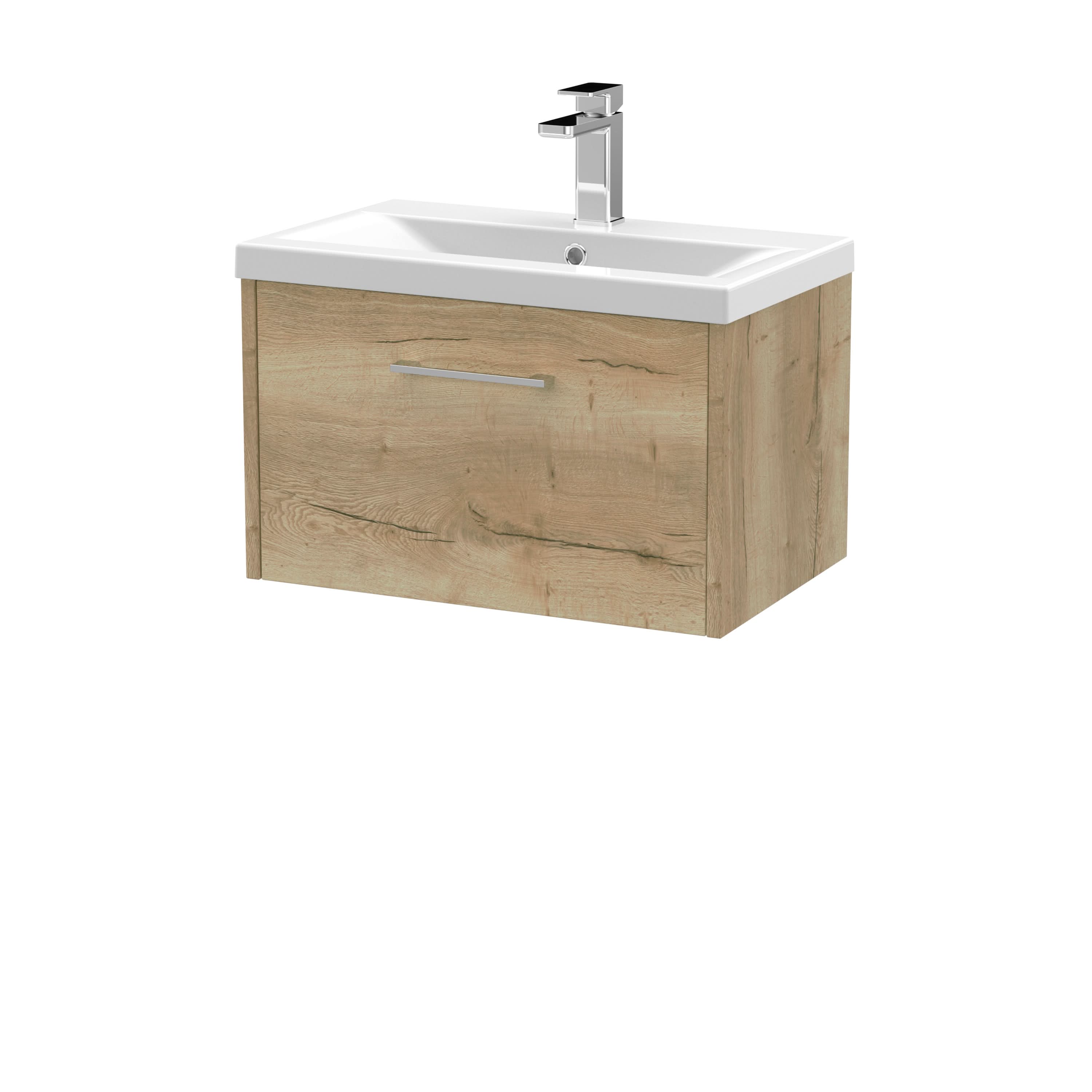 Hudson Reed Juno Wall Hung 1-Drawer Vanity and Mid-Edge 1 Tap Hole Basin, Modern Sink Vanity Unit, Autumn Oak, 600mm