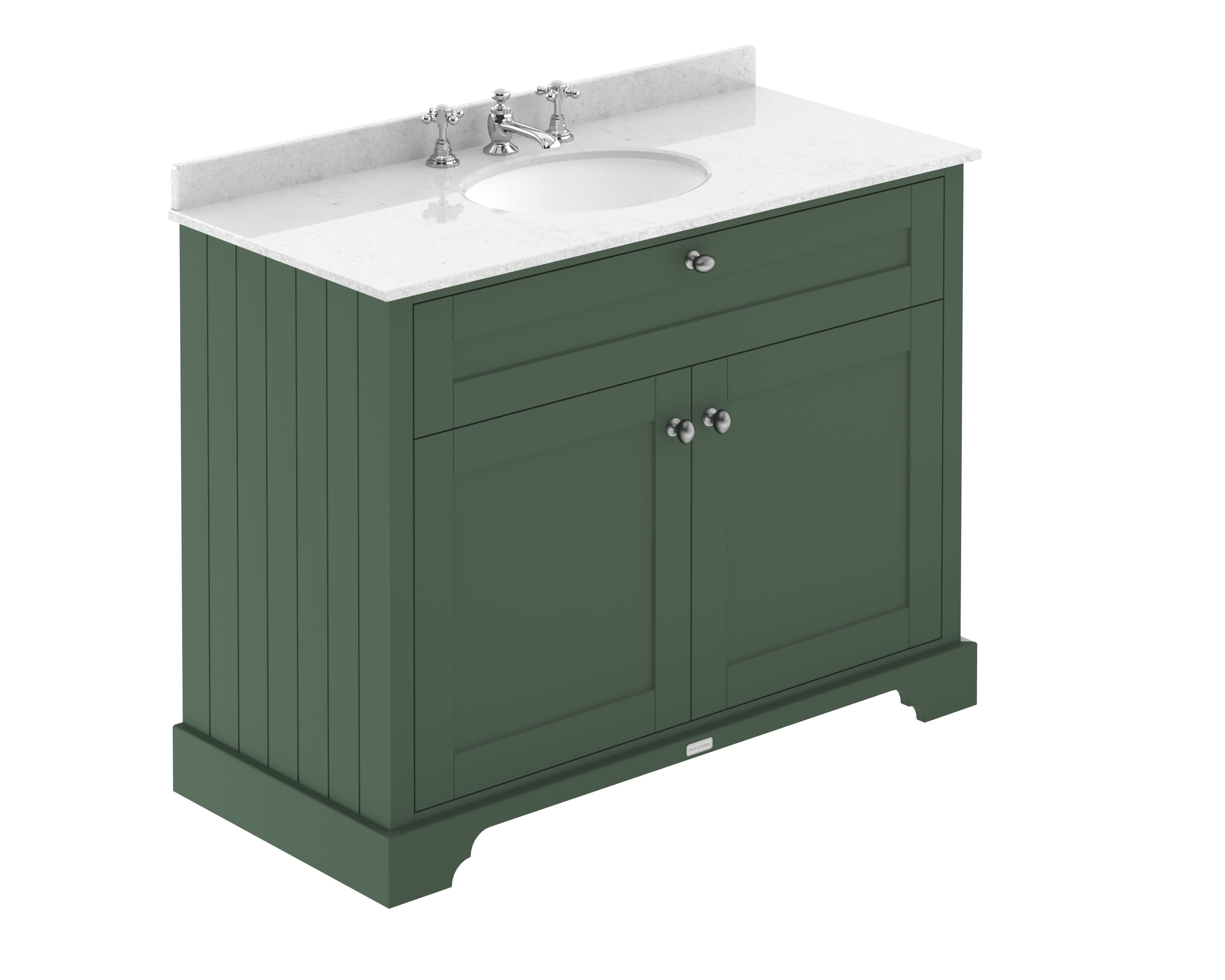 Old London Floor Standing Vanity Unit with Basin 3 Tap Hole and White Marble Top, Durable 2 Soft Close Door Vanity Unit for Classic Bathroom in Hunter Green, 1000mm