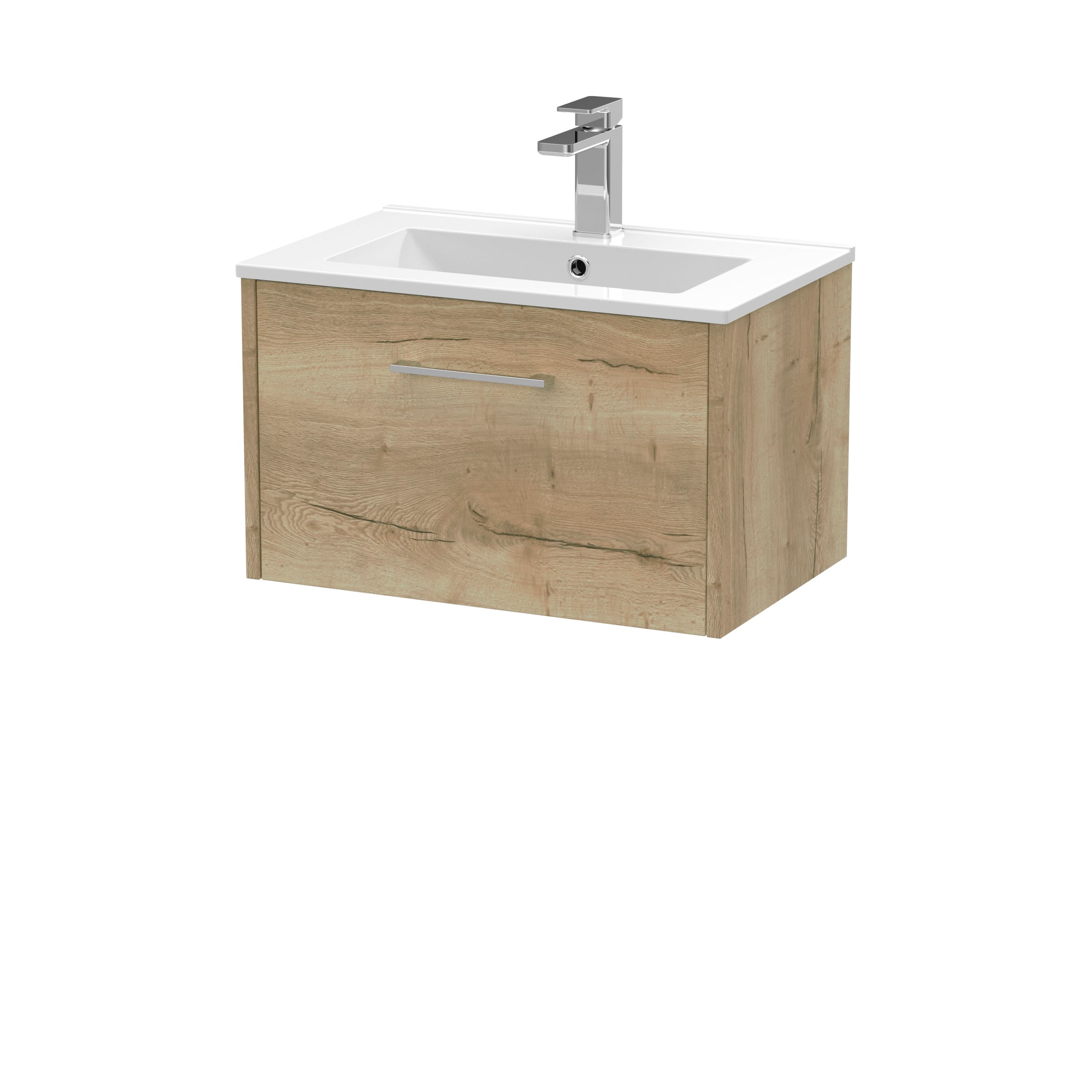 Hudson Reed Juno Wall Hung 1-Drawer Vanity and Minimalist 1 Tap Hole Basin, Modern Sink Vanity Unit, Autumn Oak, 600mm