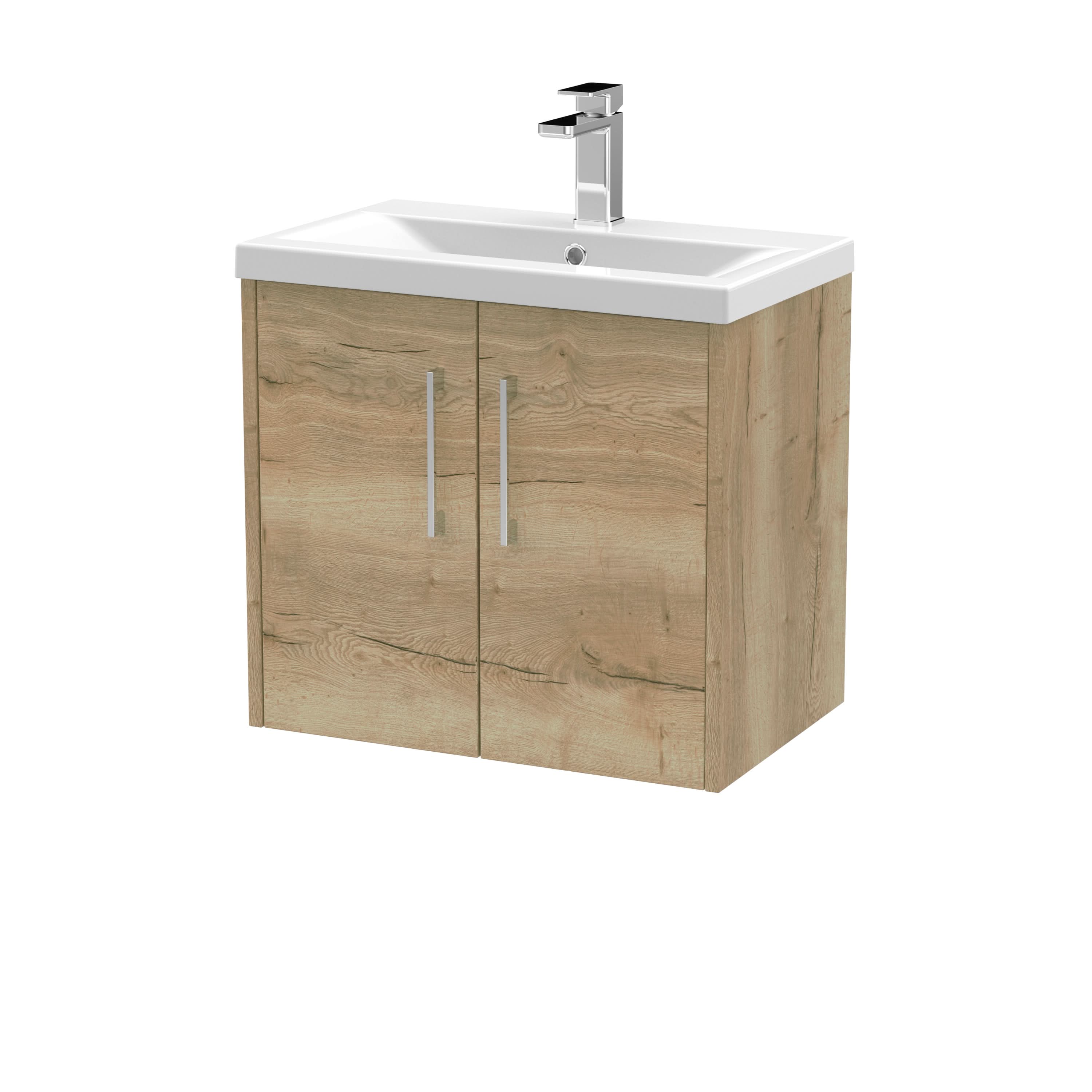 Hudson Reed Juno Wall Hung 2-Door Vanity and Mid-Edge 1 Tap Hole Basin, Modern Sink Vanity Unit, Autumn Oak, 600mm