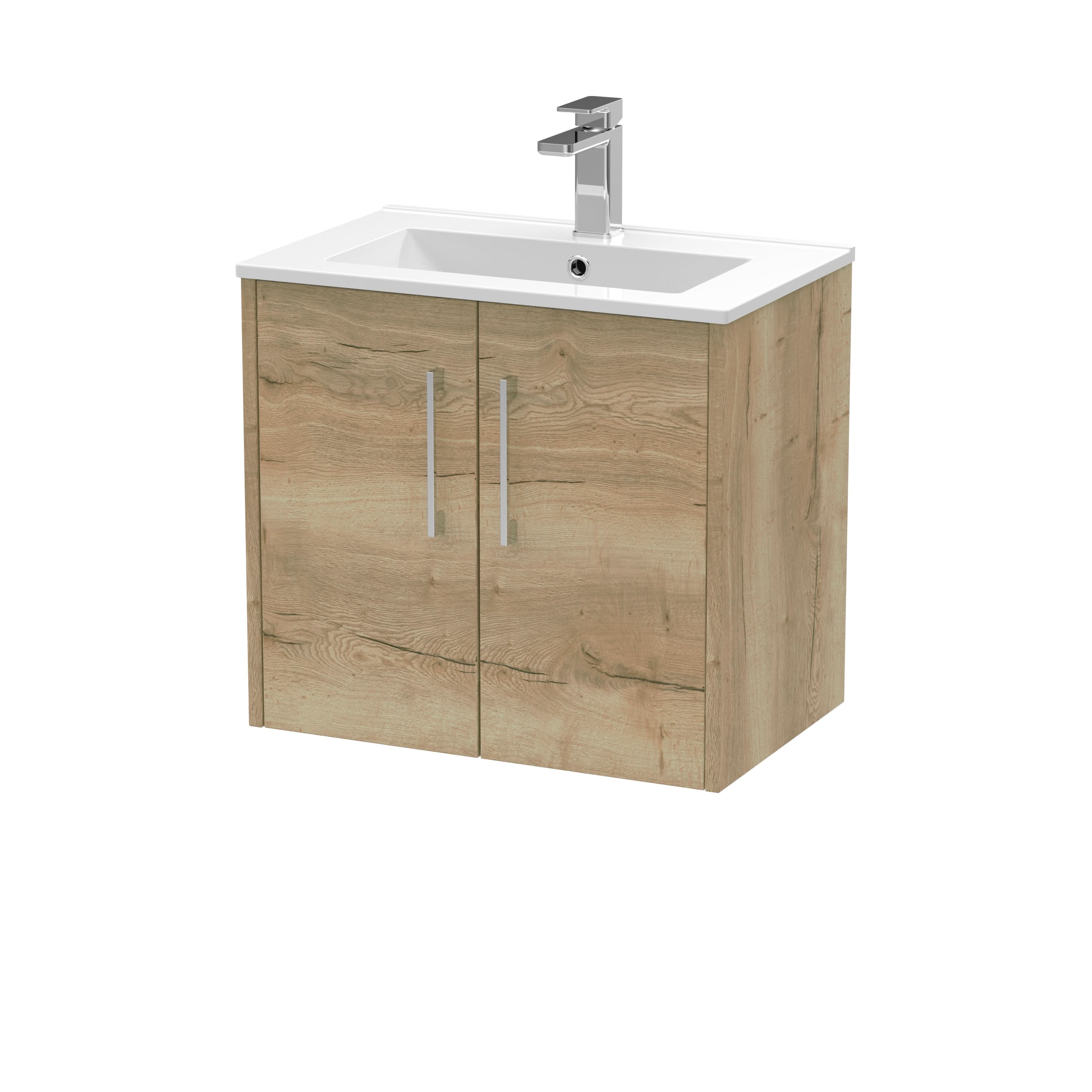 Hudson Reed Juno Wall Hung 2-Door Vanity and Minimalist 1 Tap Hole Basin, Modern Sink Vanity Unit, Autumn Oak, 600mm