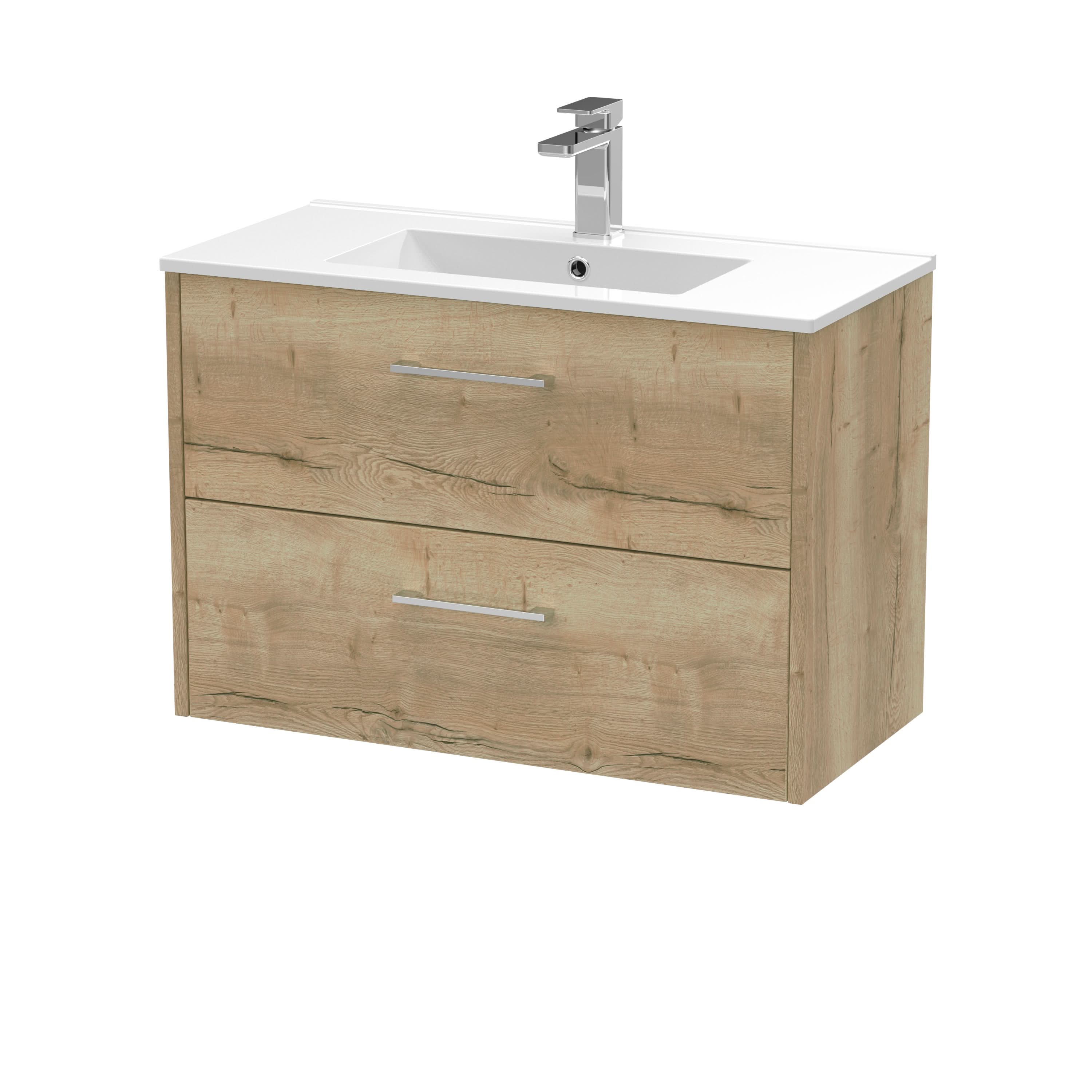 Hudson Reed Juno Wall Hung 2-Drawer Vanity & Minimalist 1 Tap Hole Basin, Contemporary Sink Vanity Unit, Autumn Oak, 800mm