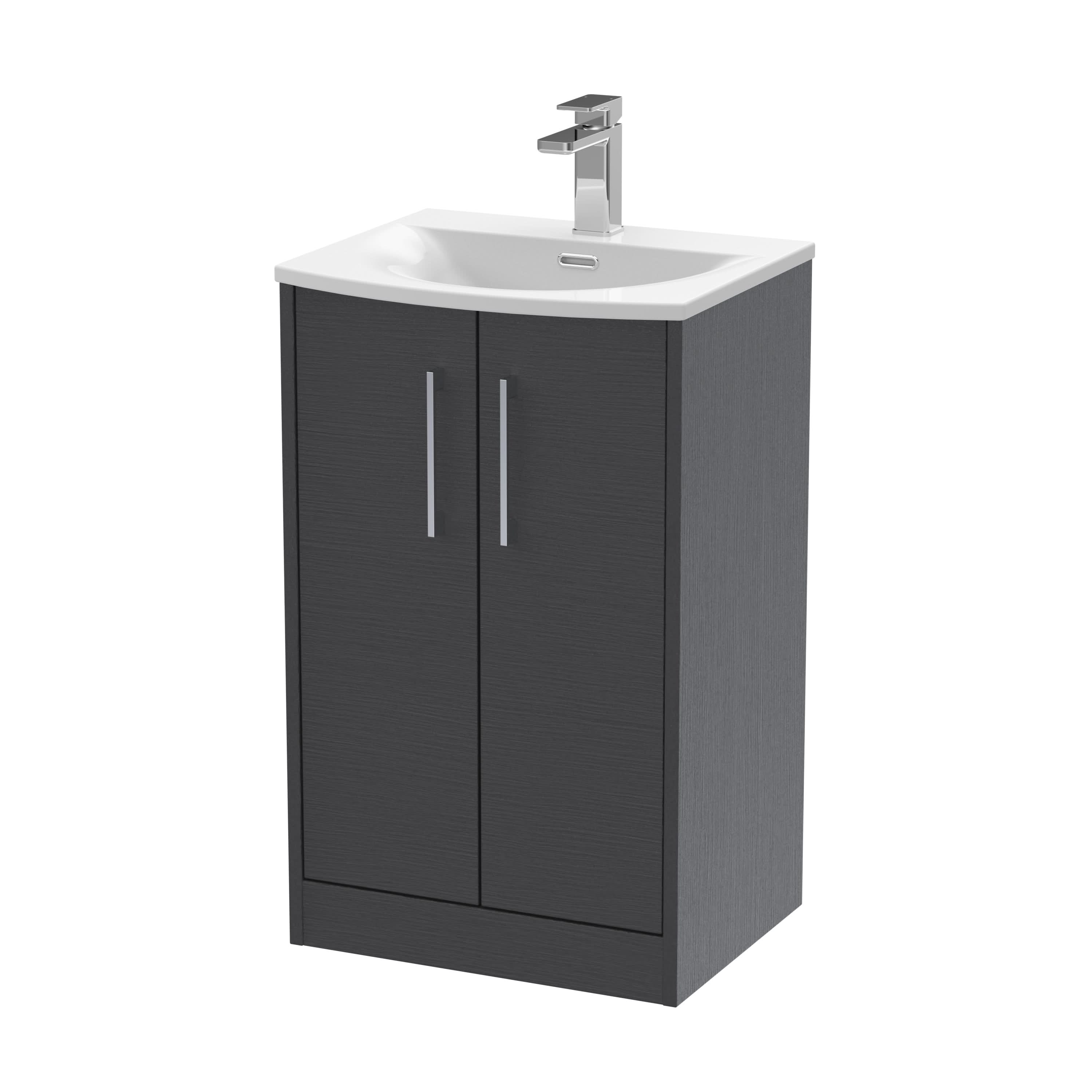Hudson Reed Juno Floor Standing 2-Door Vanity & Curved 1 Tap Hole Basin, Elegant Sink Vanity Unit, Graphite Grey Woodgrain, 500mm