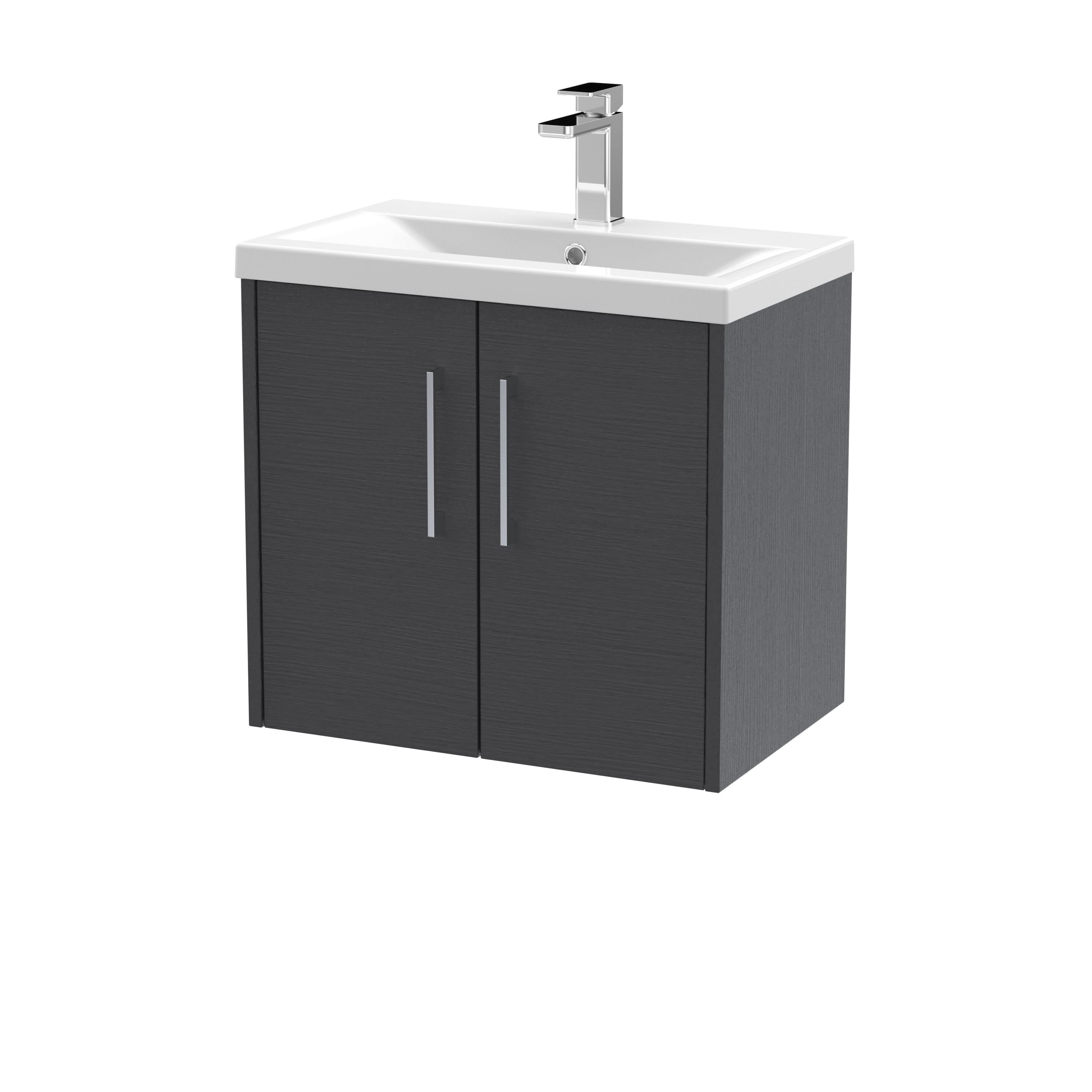 Hudson Reed Juno Wall Hung 2-Door Vanity and Mid-Edge 1 Tap Hole Basin, Stylish Sink Vanity Unit, Graphite Grey Woodgrain, 600mm