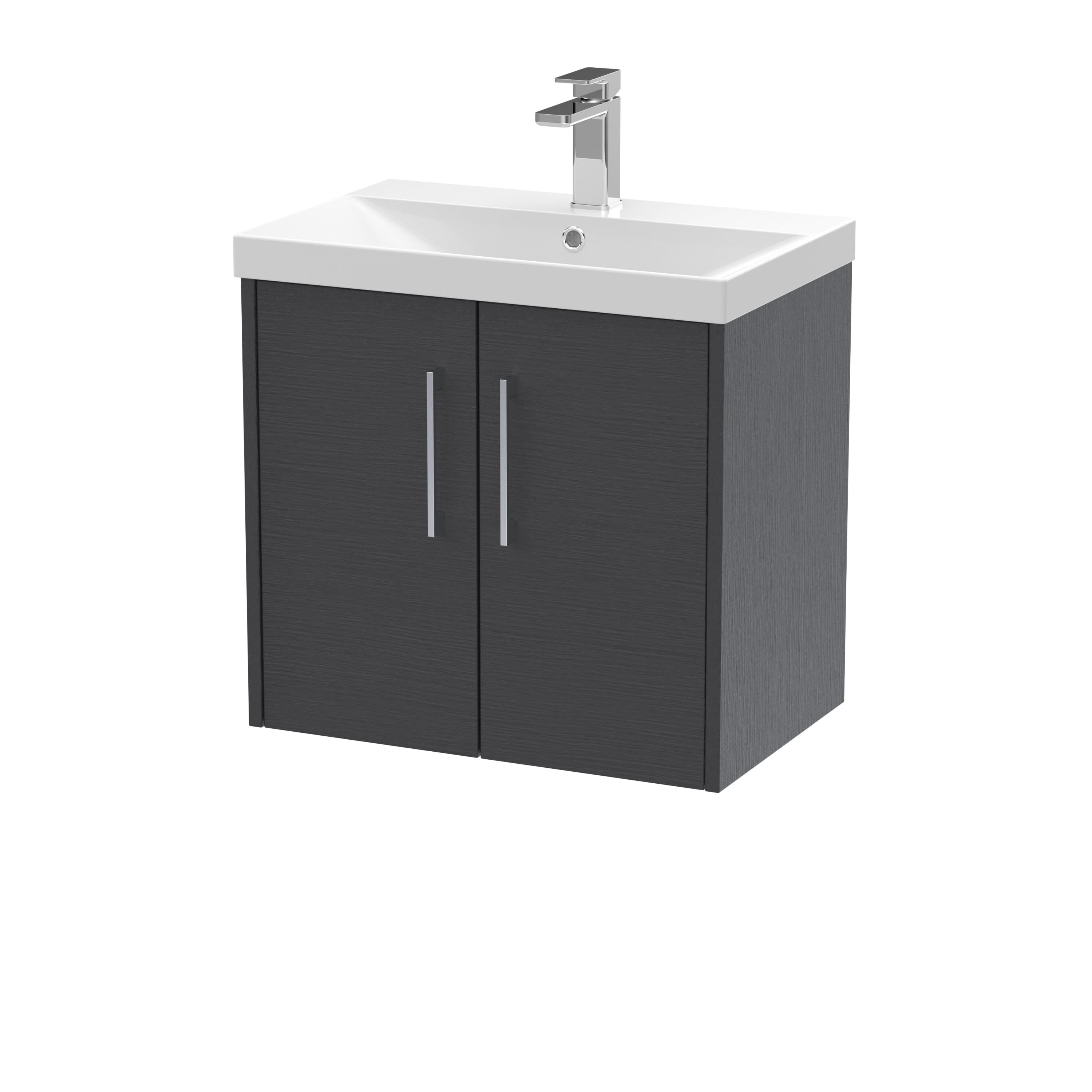 Hudson Reed Juno Wall Hung 2-Door Vanity and Thin-Edge 1 Tap Hole Basin, Stylish Sink Vanity Unit, Graphite Grey Woodgrain, 600mm
