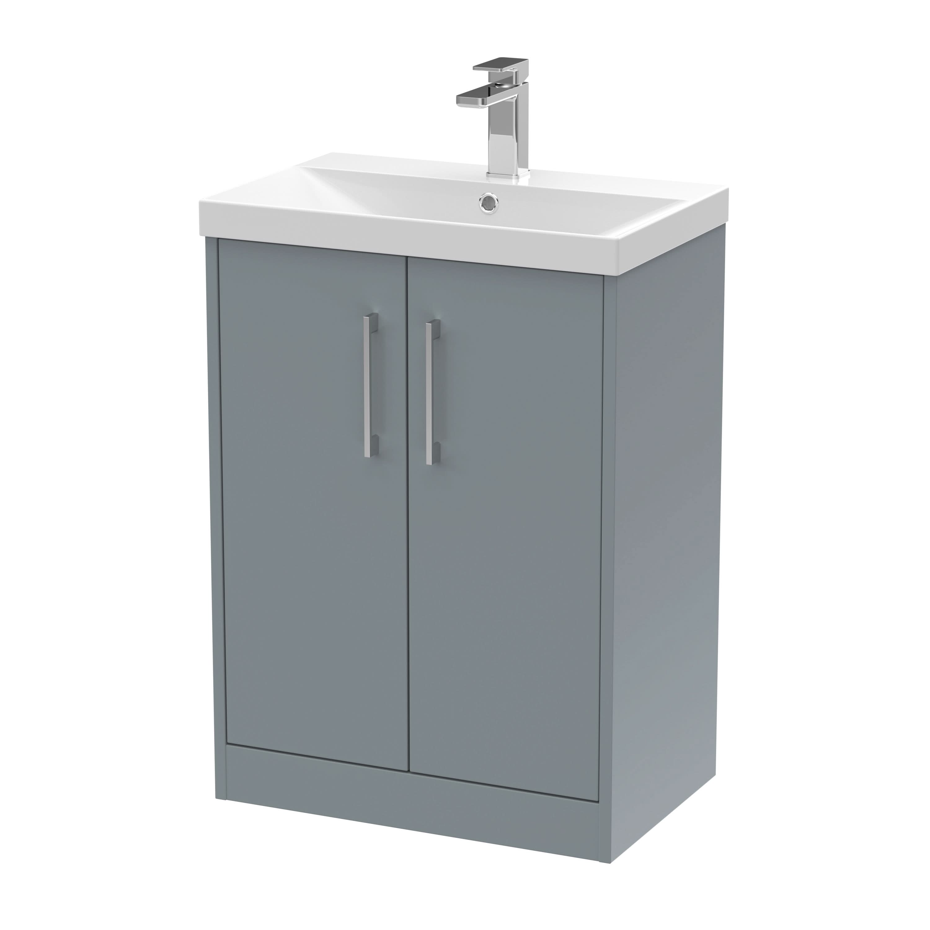 Hudson Reed Juno Floor Standing 2-Door Vanity & Thin-Edge 1 Tap Hole Basin, Timeless Sink Vanity Unit, Coastal Grey, 600mm