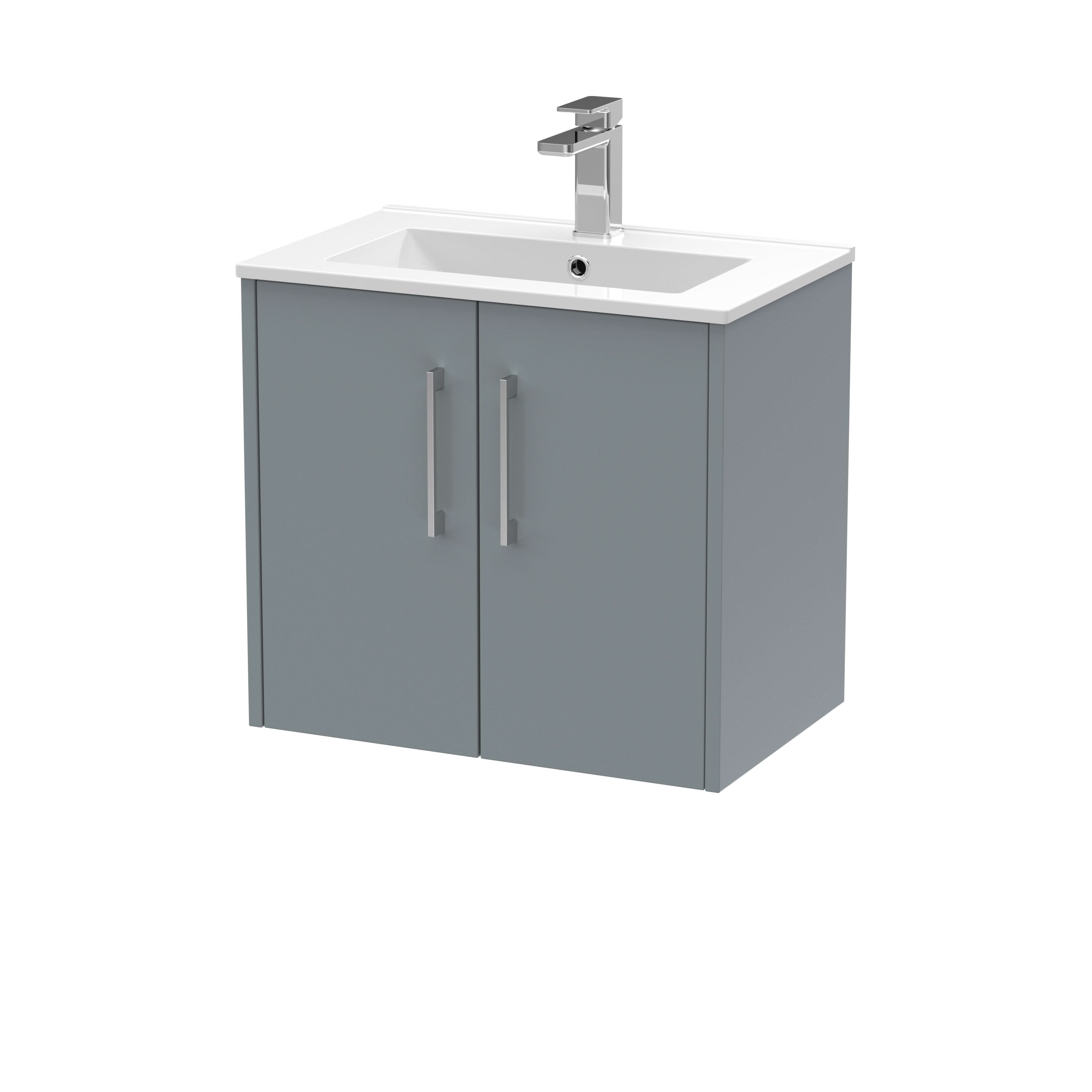 Hudson Reed Juno Wall Hung 2-Door Vanity and Minimalist 1 Tap Hole Basin, Timeless Sink Vanity Unit, Coastal Grey, 600mm