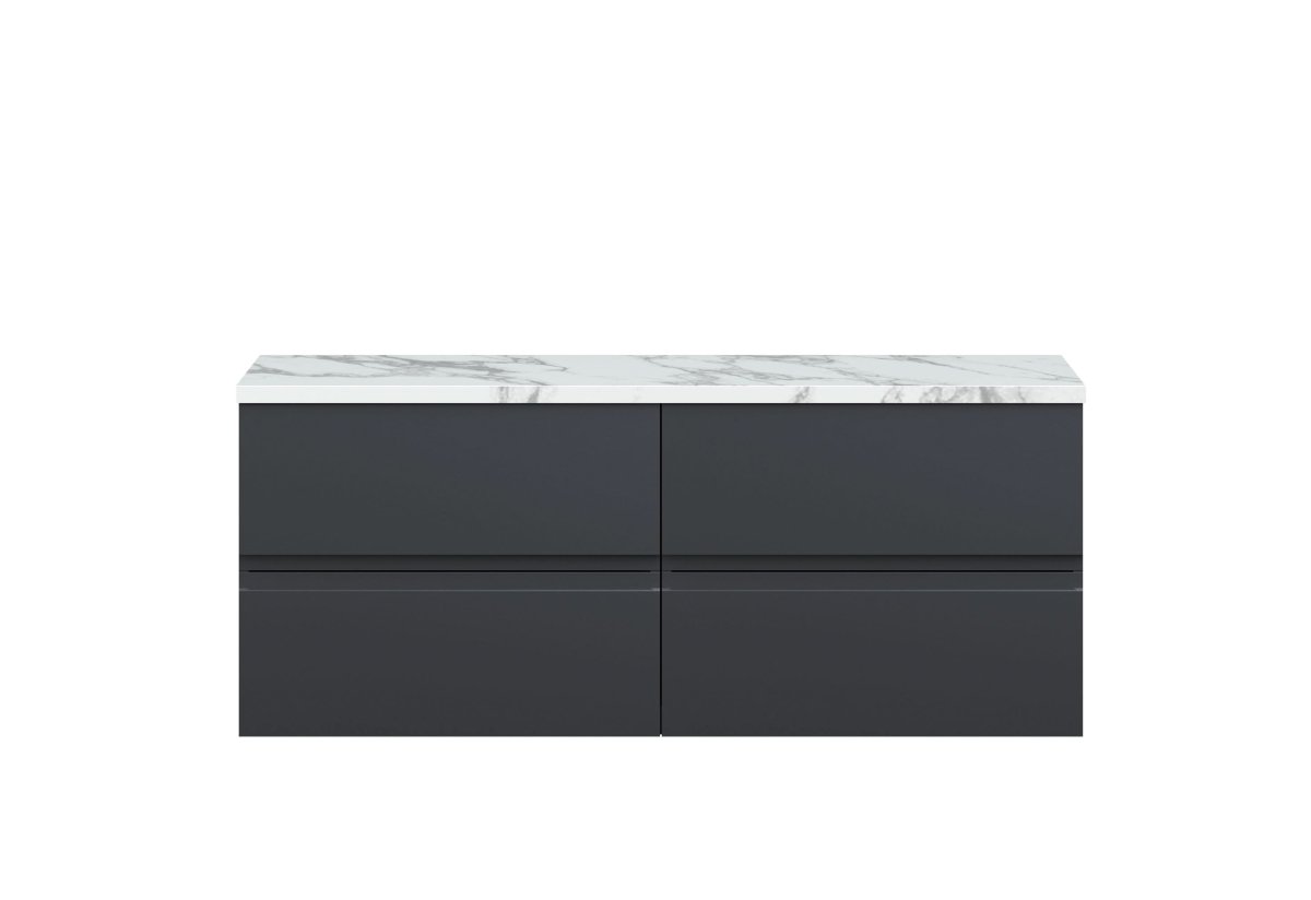 Hudson Reed Urban Wall Hung Countertop Basin Unit, 2 Drawers Vanity Unit and Matt Carrera Marble Worktop in Soft Black, 1200mm