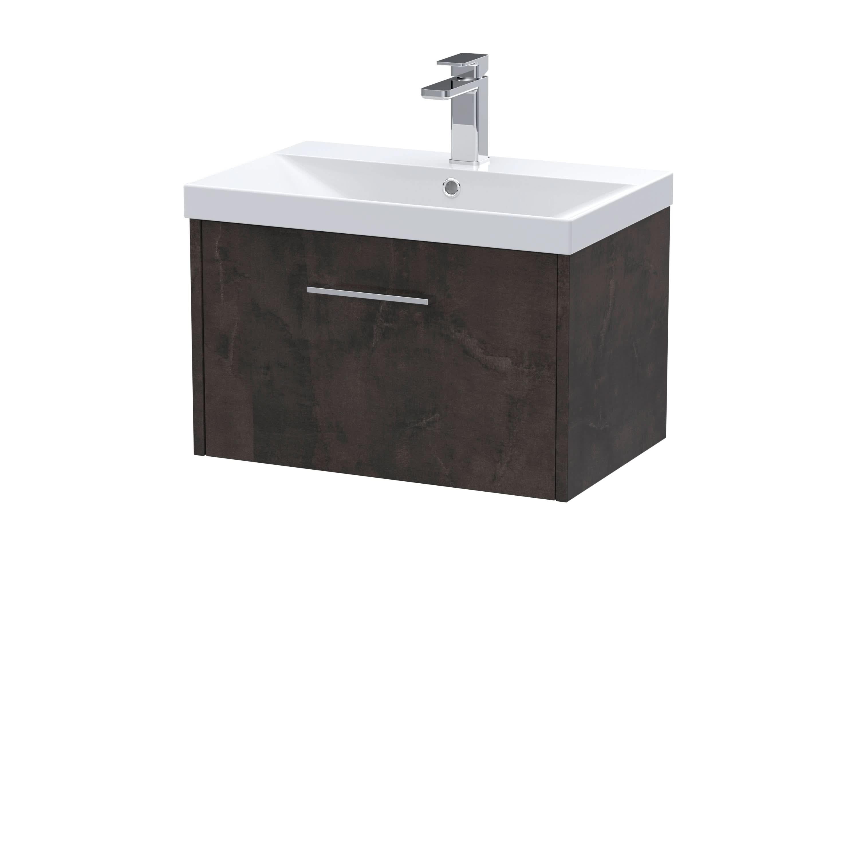 Hudson Reed Juno Wall Hung 1-Drawer Vanity and Thin-Edge 1 Tap Hole Basin, Refined Sink Vanity Unit, Metallic Slate, 600mm