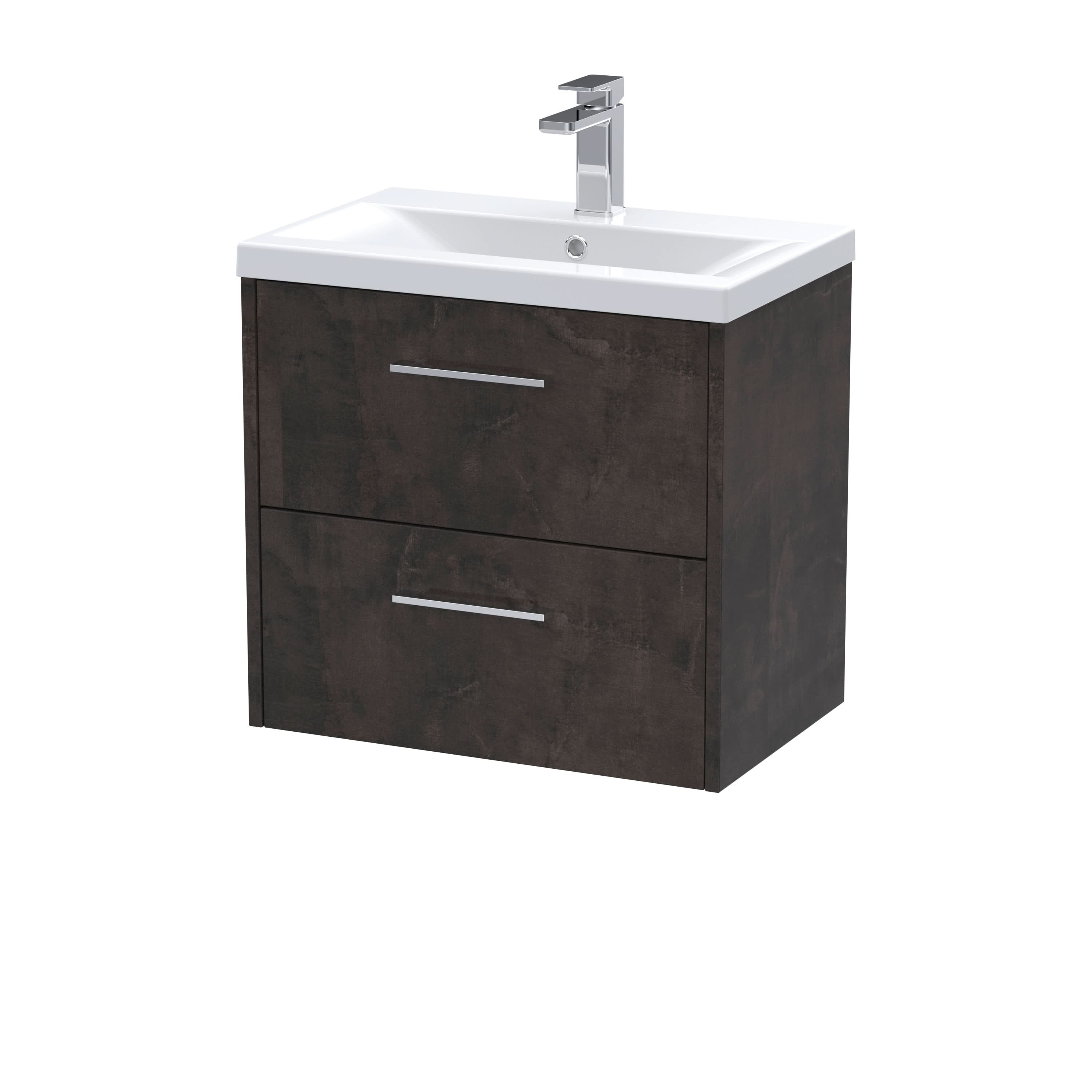 Hudson Reed Juno Wall Hung 2-Drawer Vanity and Mid-Edge 1 Tap Hole Basin, Refined Sink Vanity Unit, Metallic Slate, 600mm