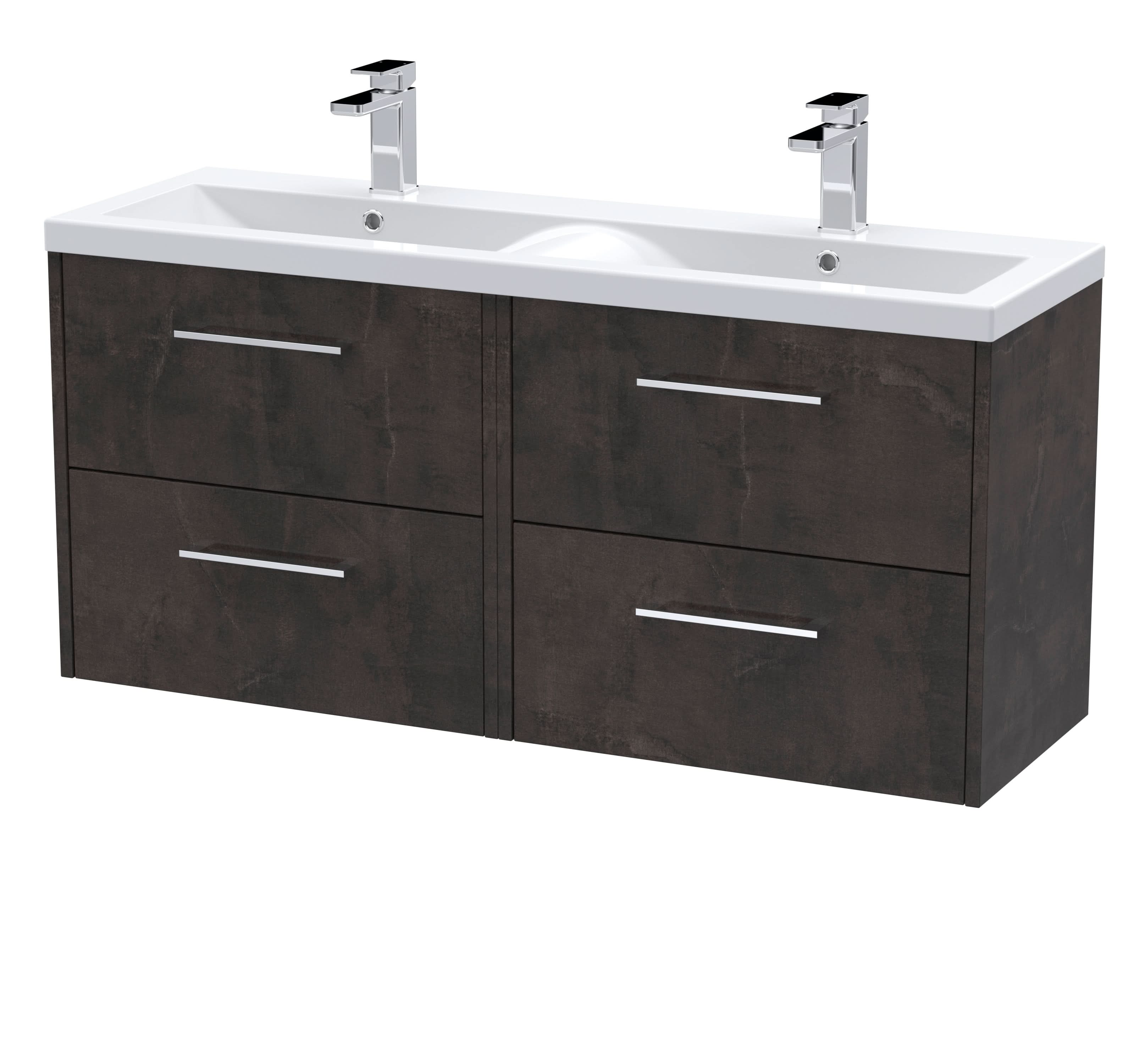 Hudson Reed Fluted Wall Hung 4-Drawer Vanity and Double Vitreous China Basin, Contemporary Sink Vanity Unit, Metallic Slate, 1200mm