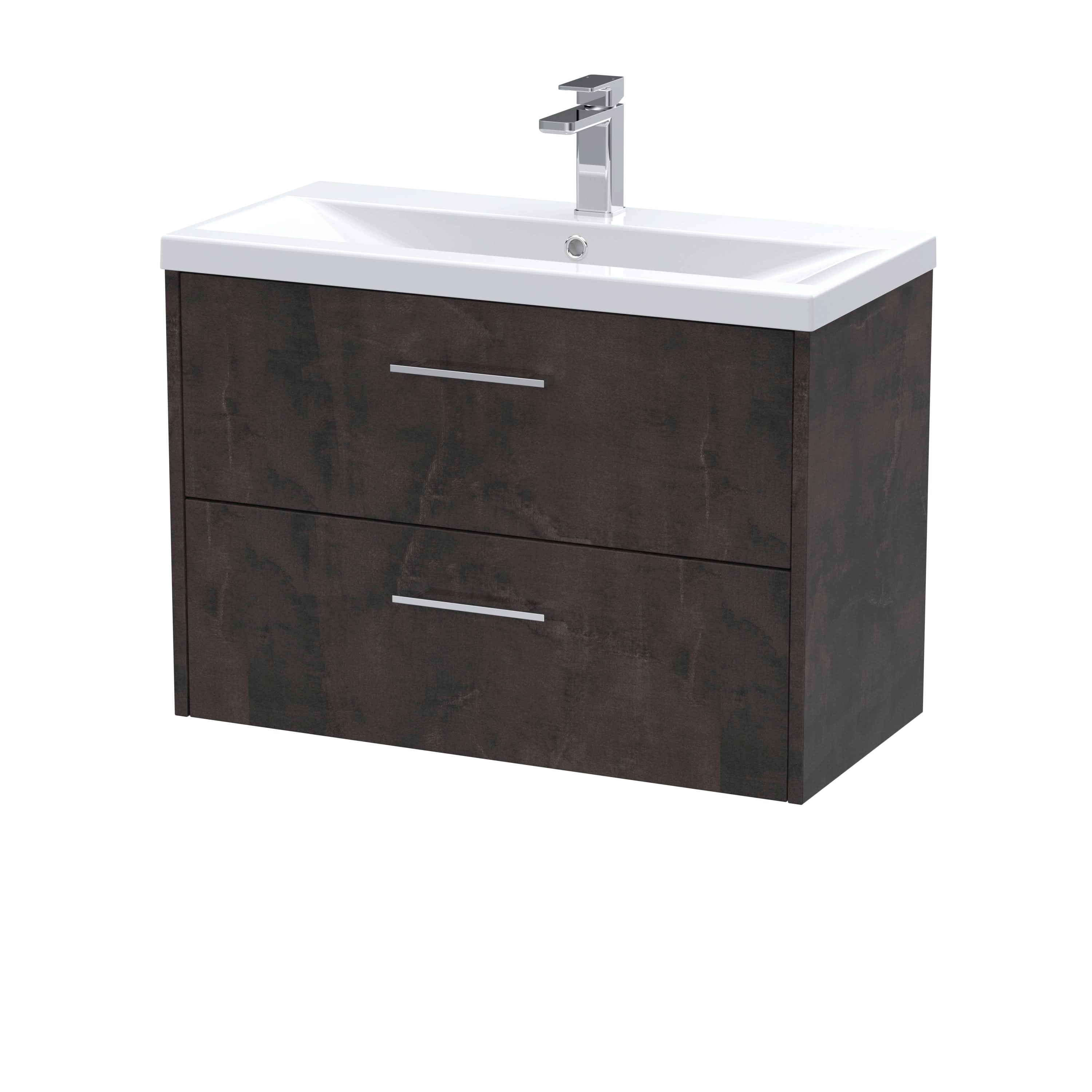 Hudson Reed Juno Wall Hung 2-Drawer Vanity and Mid-Edge 1 Tap Hole Basin, Refined Sink Vanity Unit, Metallic Slate, 800mm