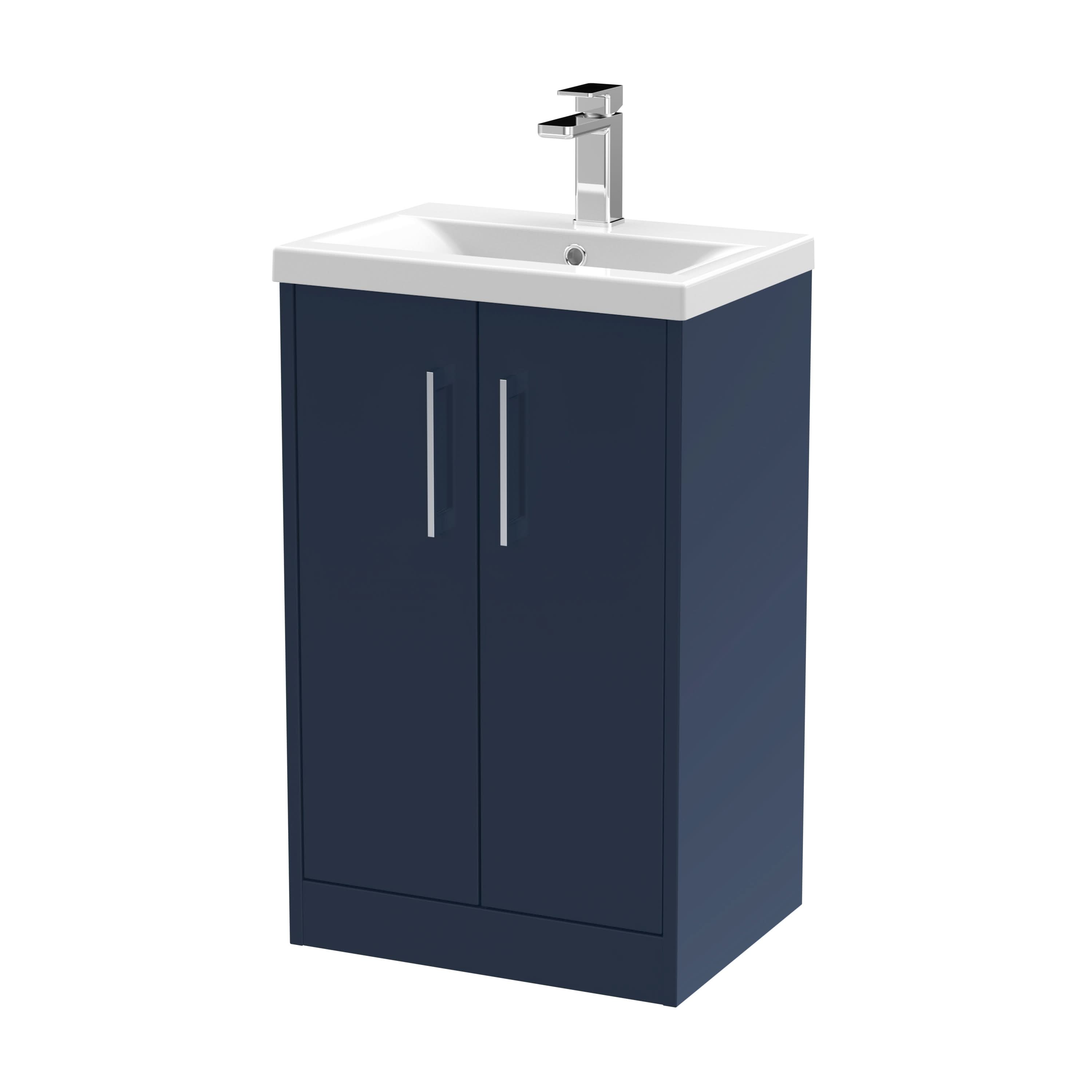 Hudson Reed Juno Floor Standing 2-Door Vanity & Mid-Edge 1 Tap Hole Basin, Refined Sink Vanity Unit, Midnight Blue, 500mm