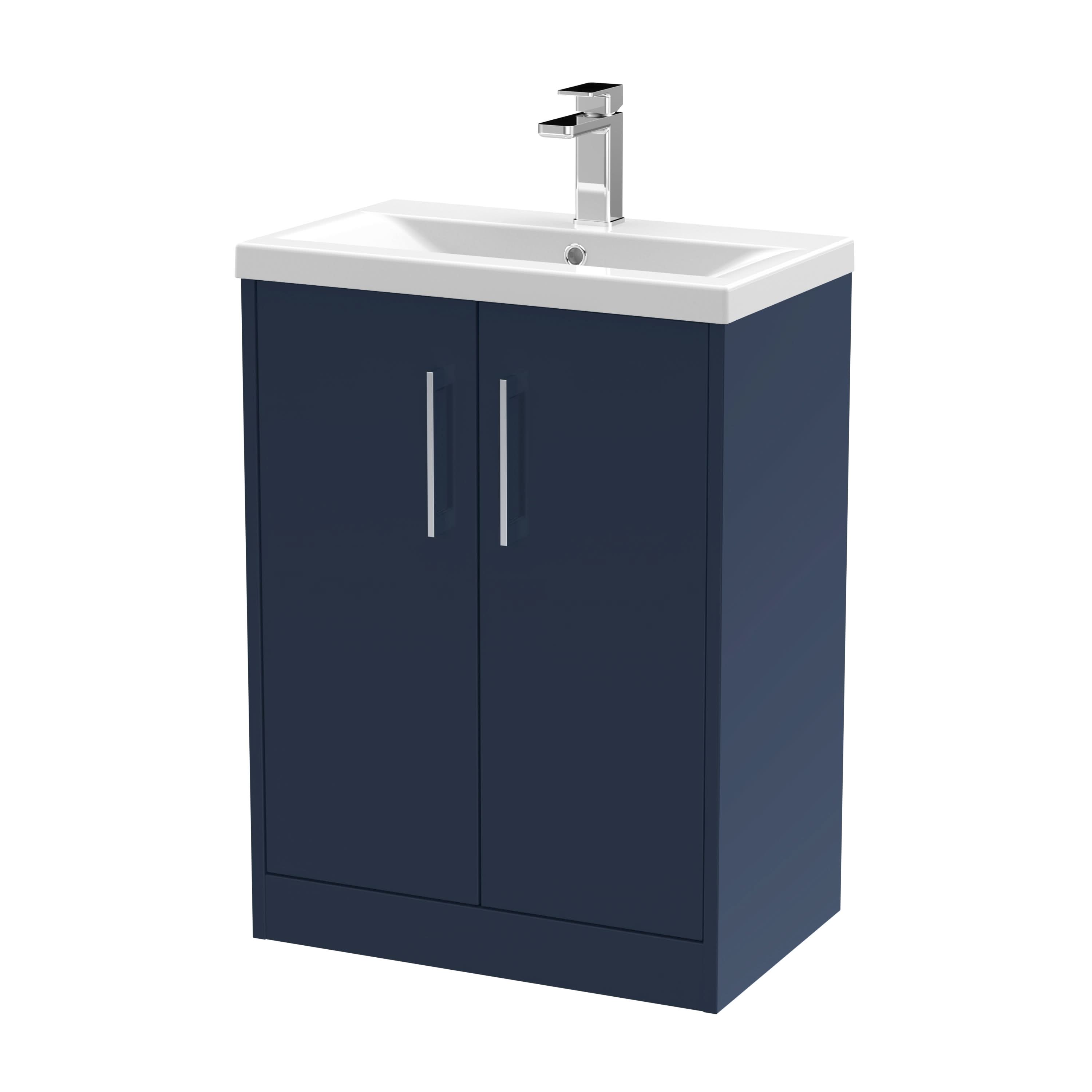 Hudson Reed Juno Floor Standing 2-Door Vanity & Mid-Edge 1 Tap Hole Basin, Refined Sink Vanity Unit, Midnight Blue, 600mm