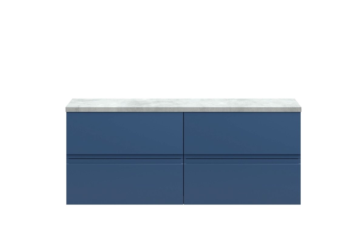 Hudson Reed Urban Wall Hung Countertop Basin Unit, 2 Soft Close Drawers Vanity Unit and Bellato Grey Worktop in Satin Blue, 1200mm