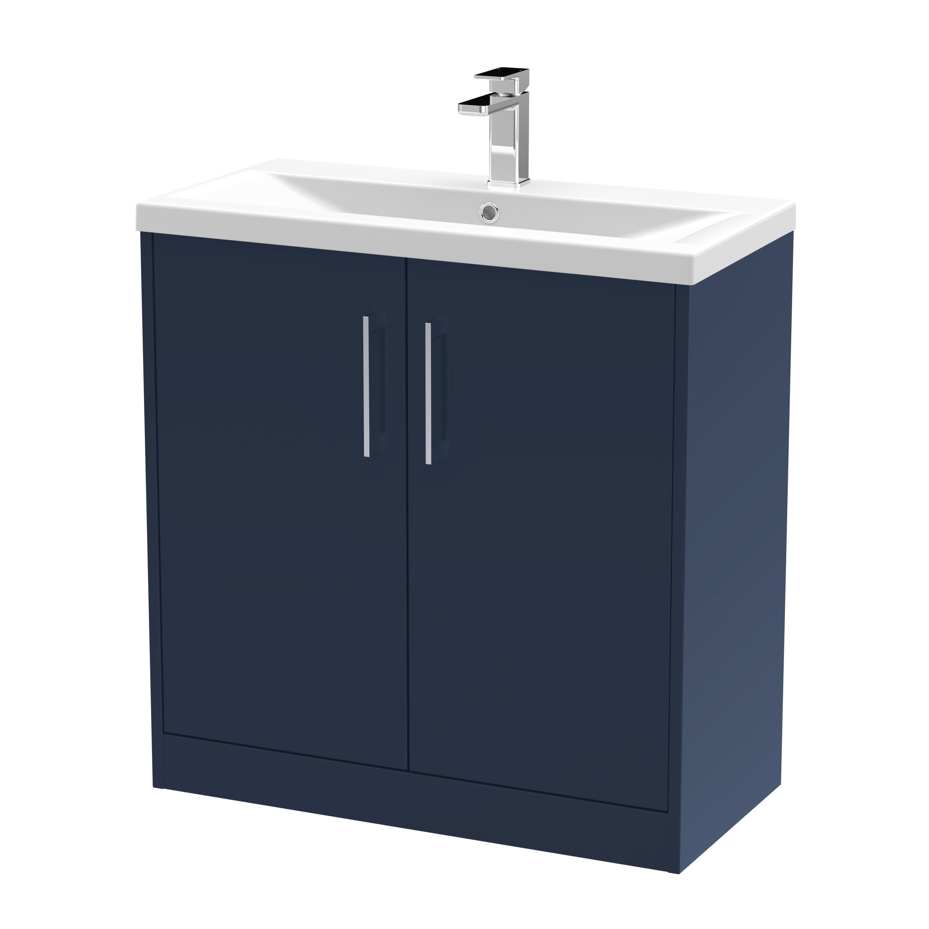 Hudson Reed Juno Floor Standing Vanity Unit with White Basin 1 Tap Hole, Modern Sink Vanity Unit for Bathroom, Soft Close Doors Stylish Storage Solution in Midnight Blue, 800mm