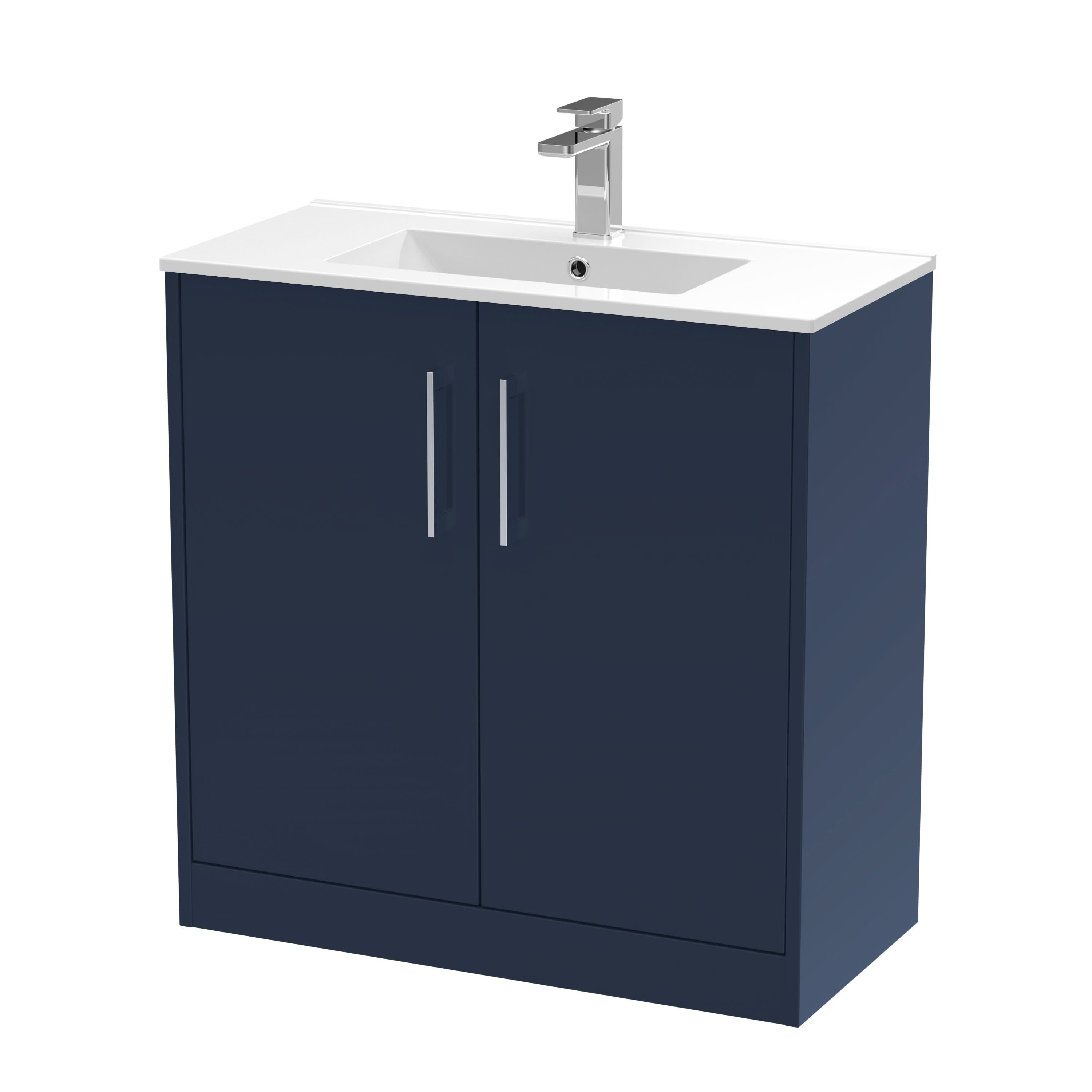 Hudson Reed Juno Floor Standing Vanity Unit with White Basin with Soft Close Doors, 1 Tap Hole, Ample Storage, Sink Vanity Unit in Bathroom in Midnight Blue, 800mm