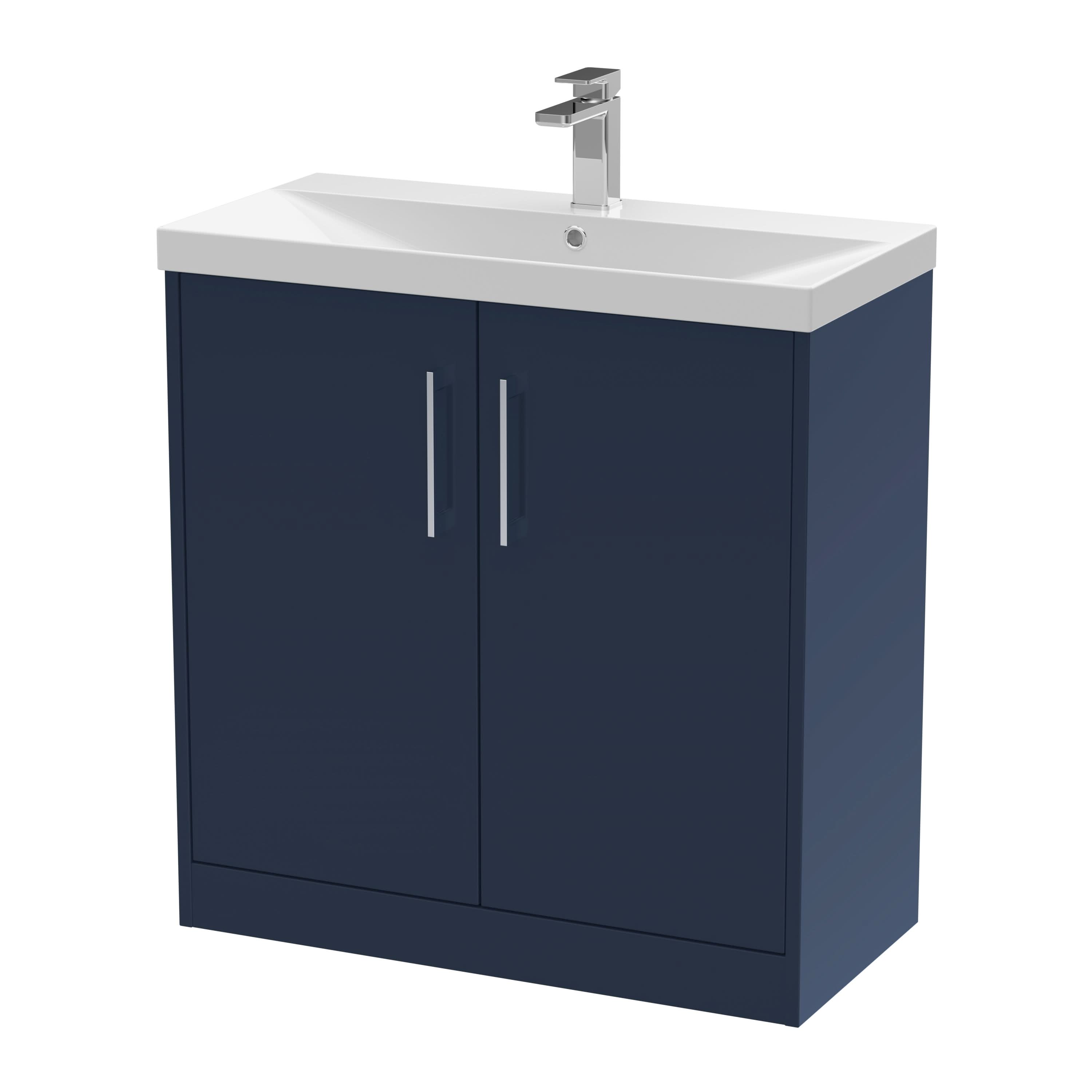 Hudson Reed Juno Floor Standing Vanity Unit with White Basin, Modern Sink Vanity Unit with Soft Close Doors, Bathroom Vanity Unit in Painted Matt Finish in Midnight Blue, 800mm