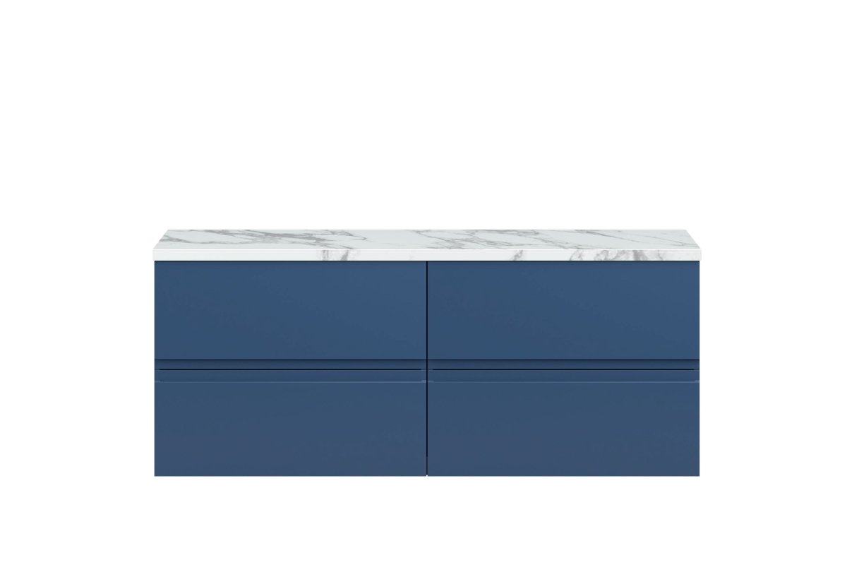 Hudson Reed Urban Wall Hung Countertop Basin Unit, 2 Drawers Vanity Unit and Matt Carrera Marble Worktop in Satin Blue, 1200mm