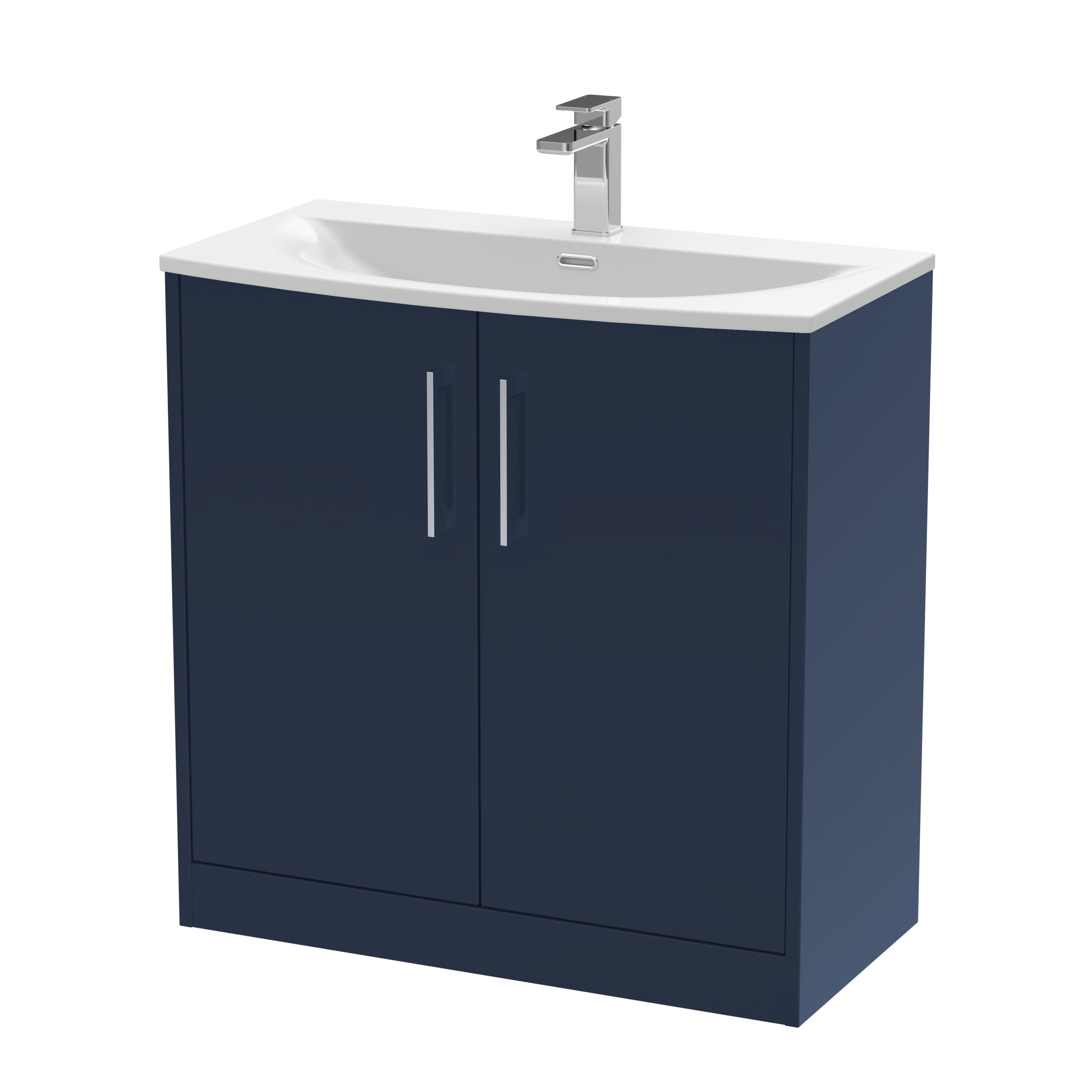 Hudson Reed Juno Floor Standing Vanity Unit with White Basin, Bathroom Vanity Unit with Soft Close Doors, China Sink Basin & Modern D-Shape Handles in Midnight Blue, 800mm