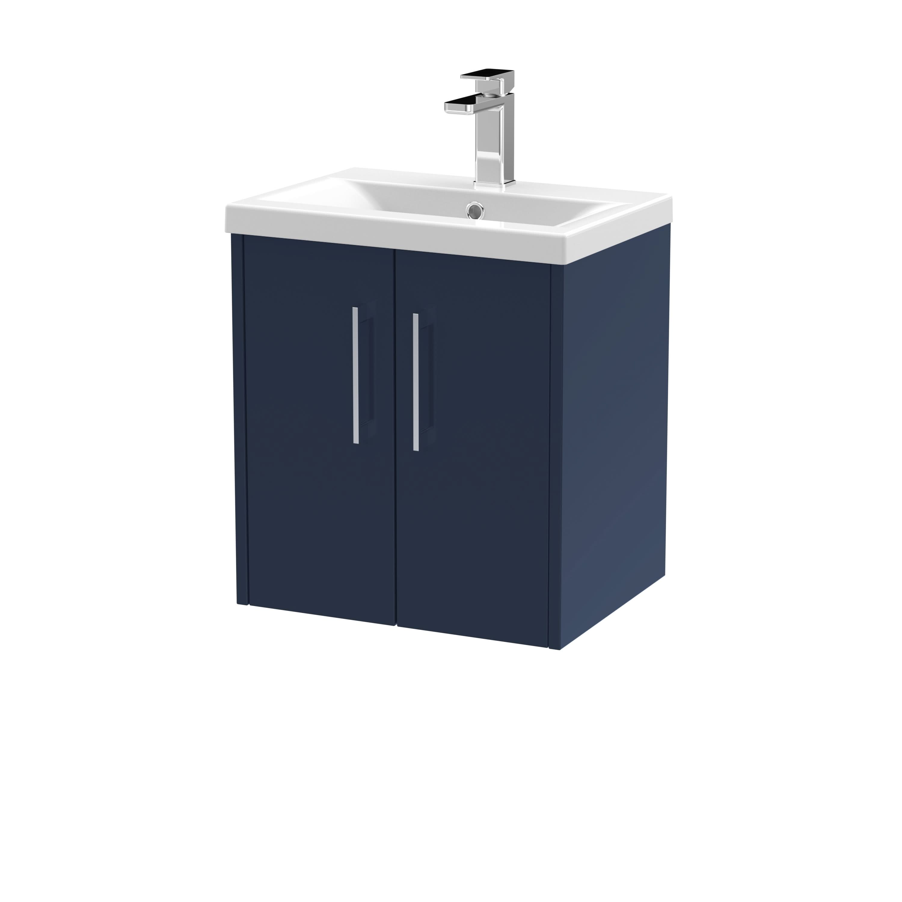 Hudson Reed Juno Wall Hung Vanity Unit with White Basin 1 Tap Hole, Modern Wall Hung Vanity Units for Bathroom, Sink Vanity Unit with Soft Close Doors in Midnight Blue, 500mm