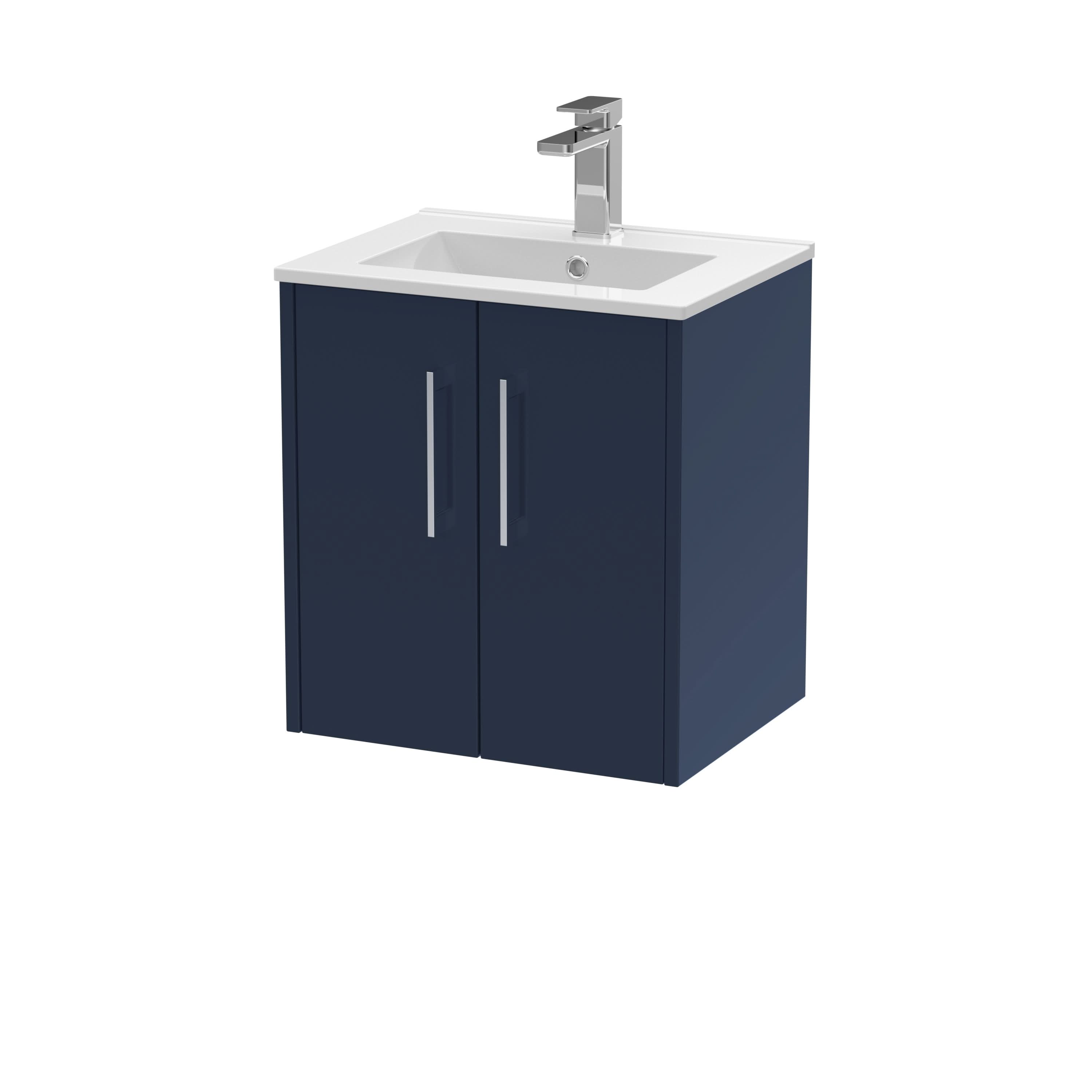 Hudson Reed Juno Wall Hung Vanity Unit with White Basin, 2-Door Modern Sink Cabinet, Compact Bathroom Vanity Unit in Bathroom, Soft Close & Matt Finish in Midnight Blue, 500mm