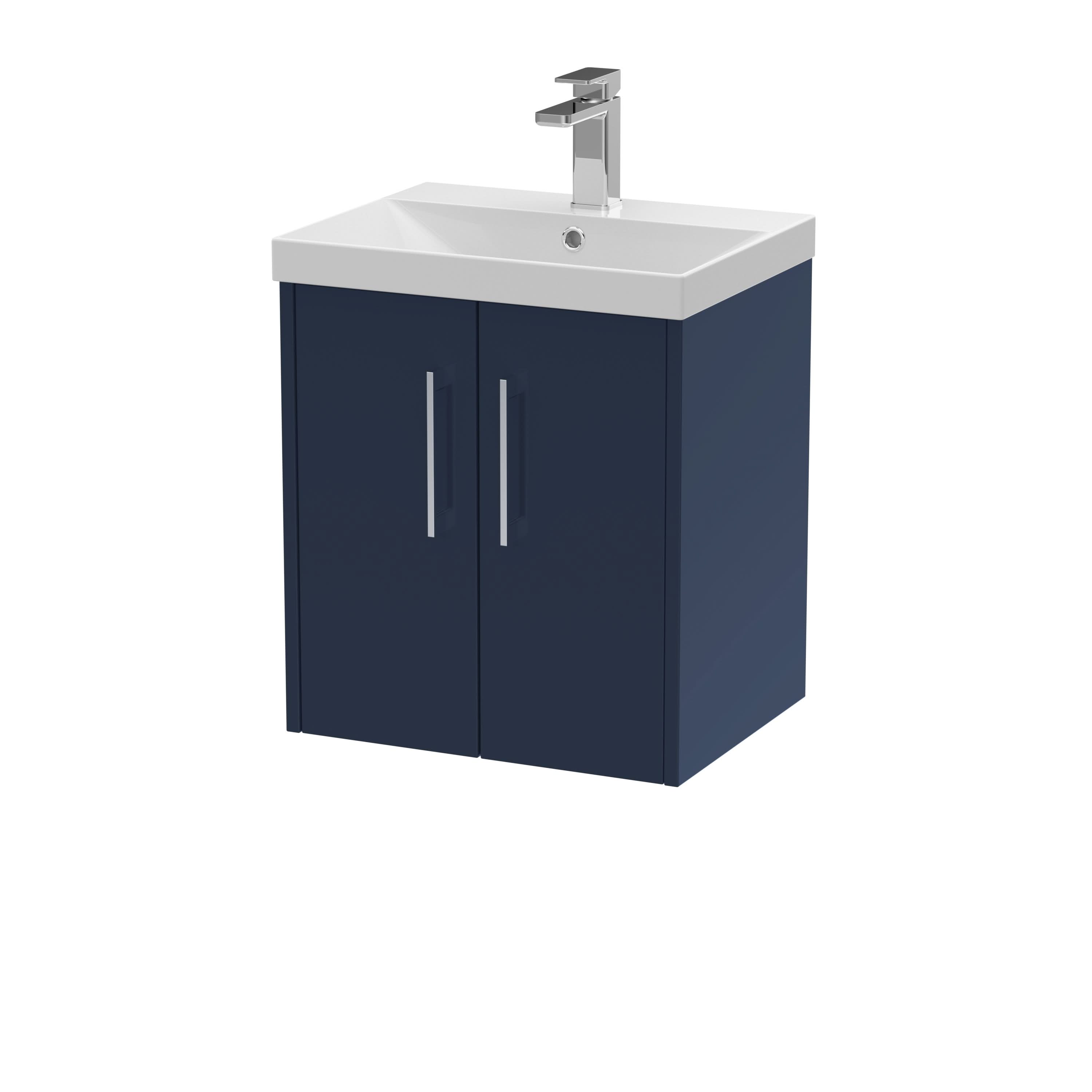 Hudson Reed Juno Wall Hung Vanity Unit with White Basin, Modern Sink Cabinet, Soft Close Doors, Compact Bathroom Storage, Vanity Unit in Bathroom in Midnight Blue, 500mm