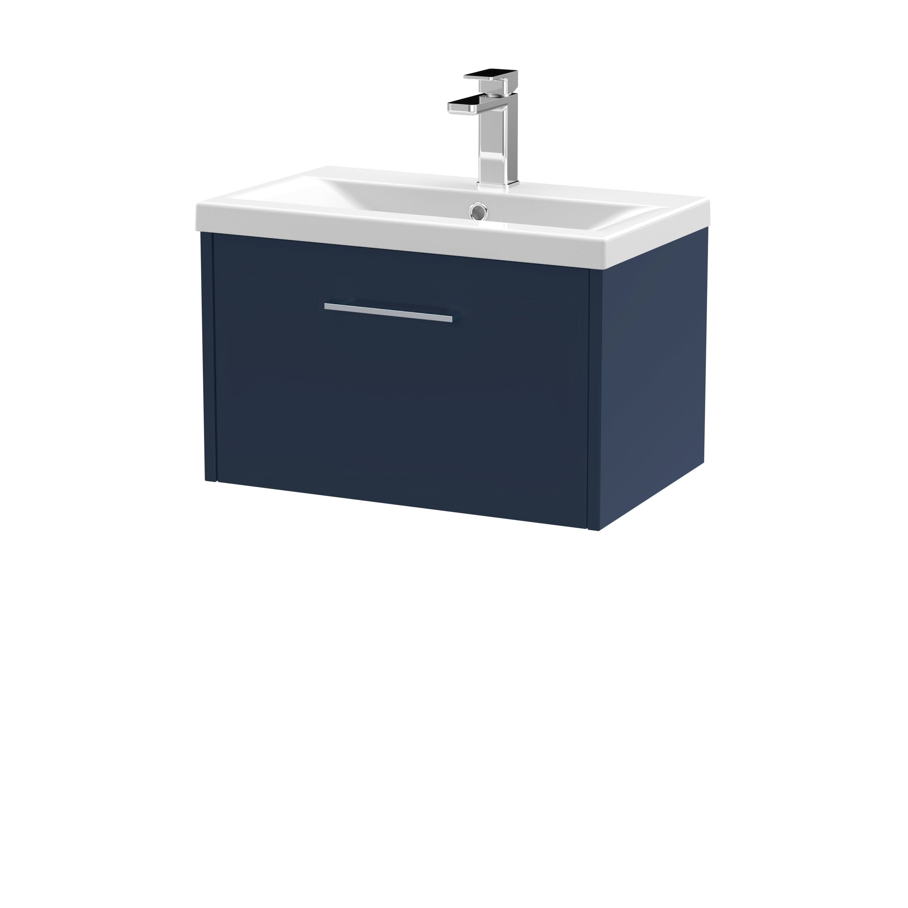 Hudson Reed Juno Wall Hung Vanity Unit with White Basin, Single Drawer Sink Vanity Unit for Modern Bathroom, Slimline Vanity Unit in Bathroom in Midnight Blue, 600mm