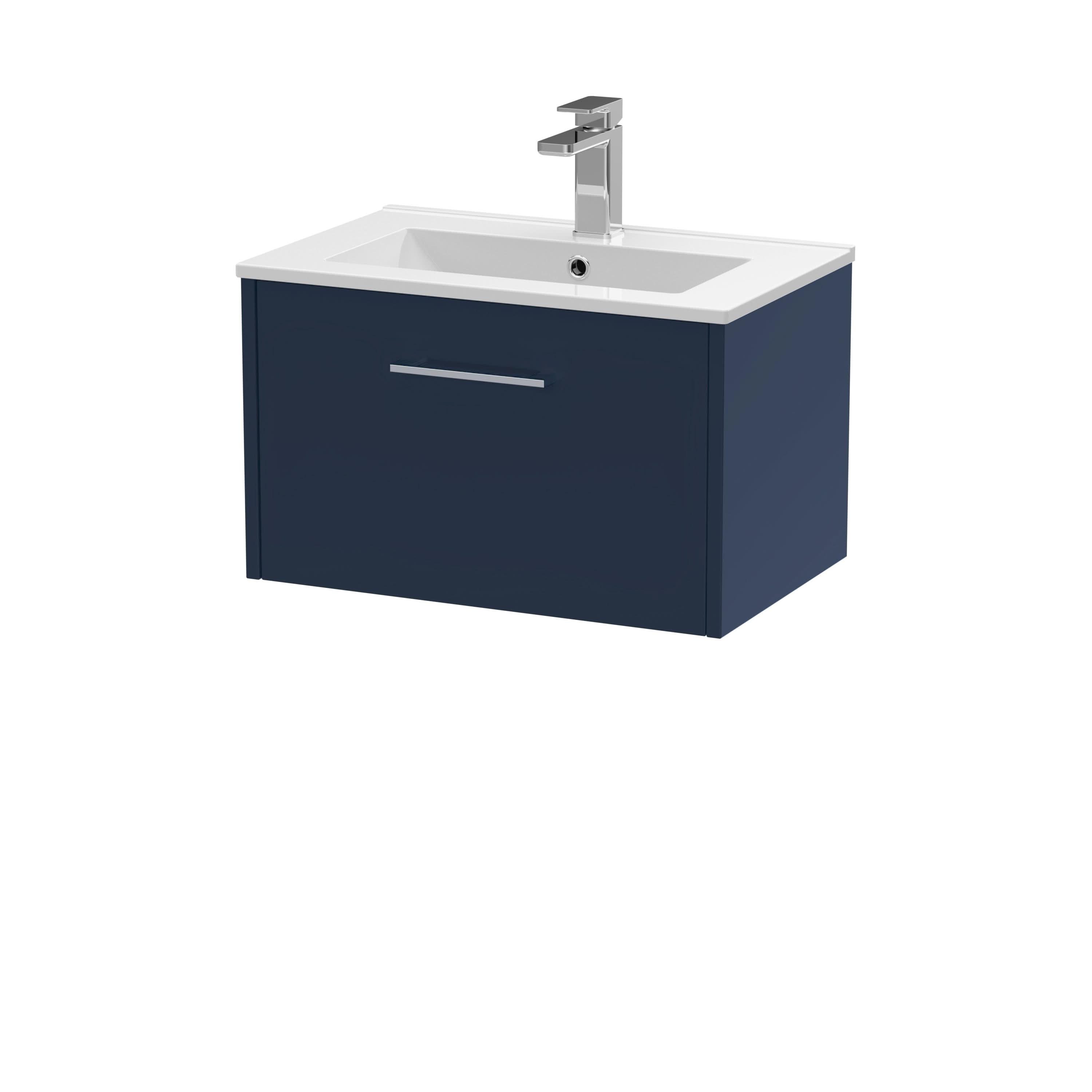Hudson Reed Juno Wall Hung Vanity Unit with White Basin, Modern Single Drawer Bathroom Vanity Unit with Basin, Sink Vanity Unit Design in Midnight Blue, 600mm