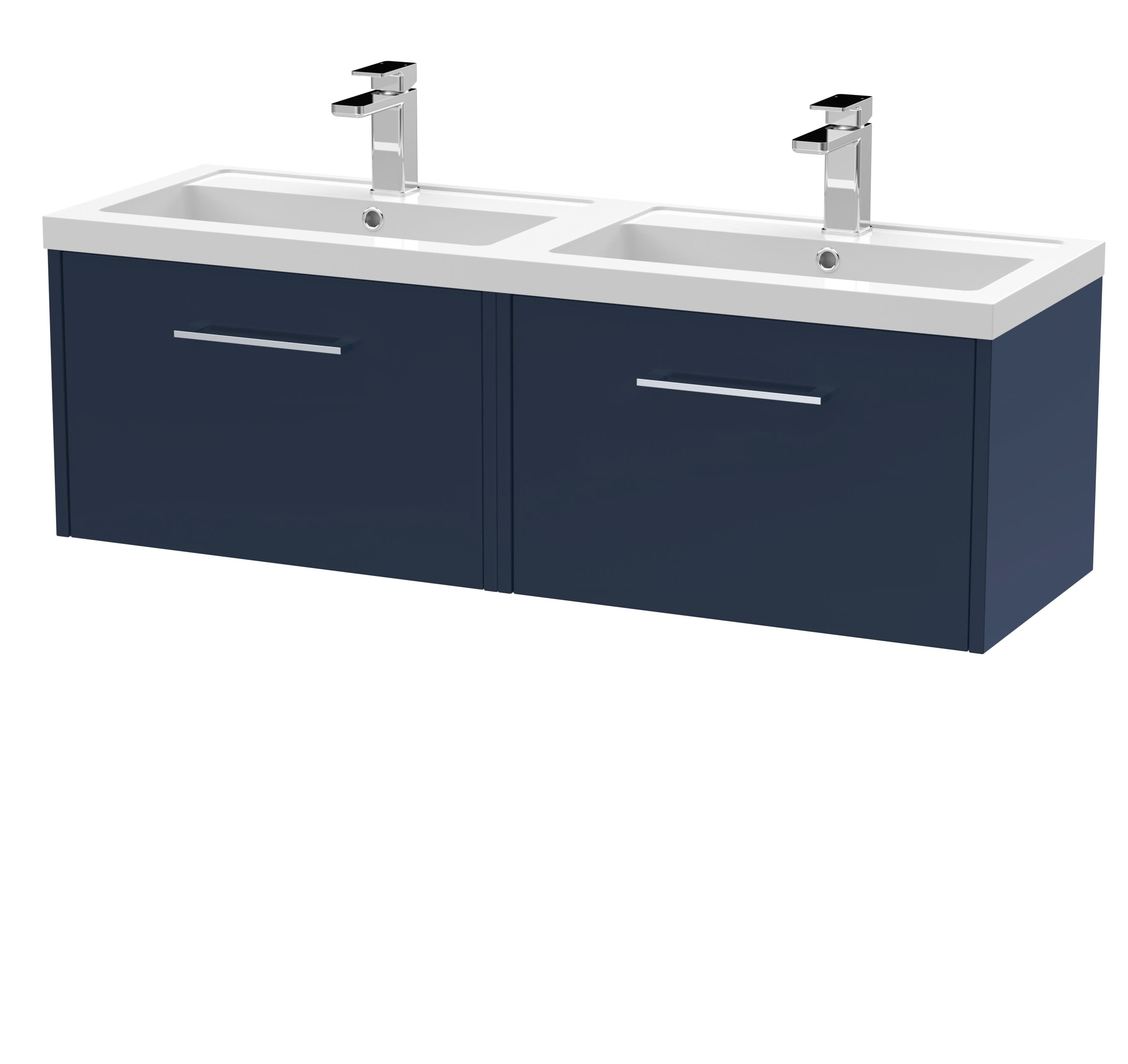 Hudson Reed Juno Wall Hung 2-Drawer Vanity Unit with Double White Basin, Modern Bathroom Vanity Unit with Basin, Soft Close Storage in Midnight Blue, 1200mm