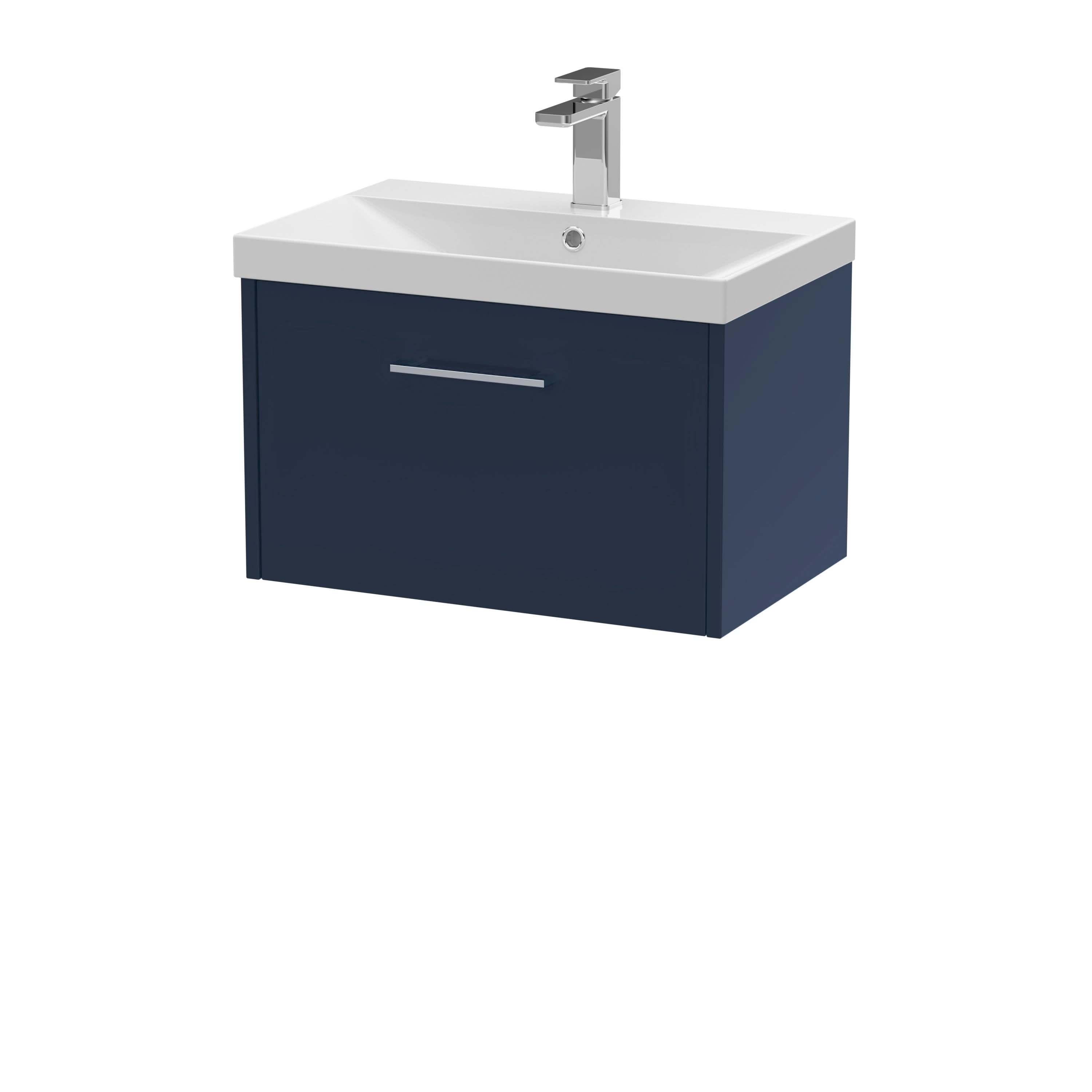 Hudson Reed Juno Wall Hung Vanity Unit with White Basin, Single Drawer Modern Bathroom Vanity Unit with Basin, Compact Sink Vanity Unit in Midnight Blue, 600mm