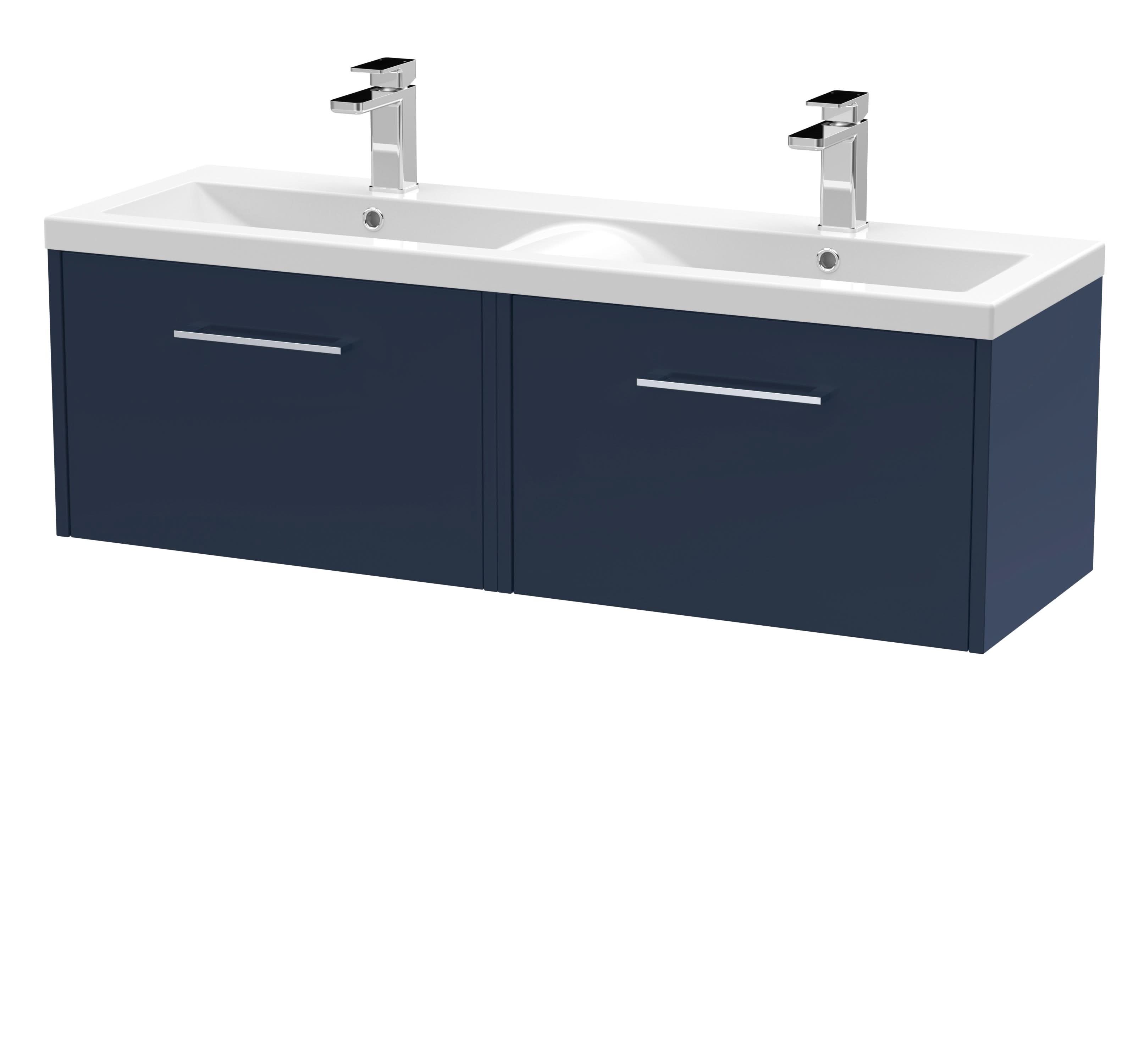 Hudson Reed Juno Wall Hung Vanity Unit with Double White Basin, Modern Sink Vanity Unit with 2 Soft Close Drawers, Bathroom Vanity Units in Midnight Blue, 1200mm
