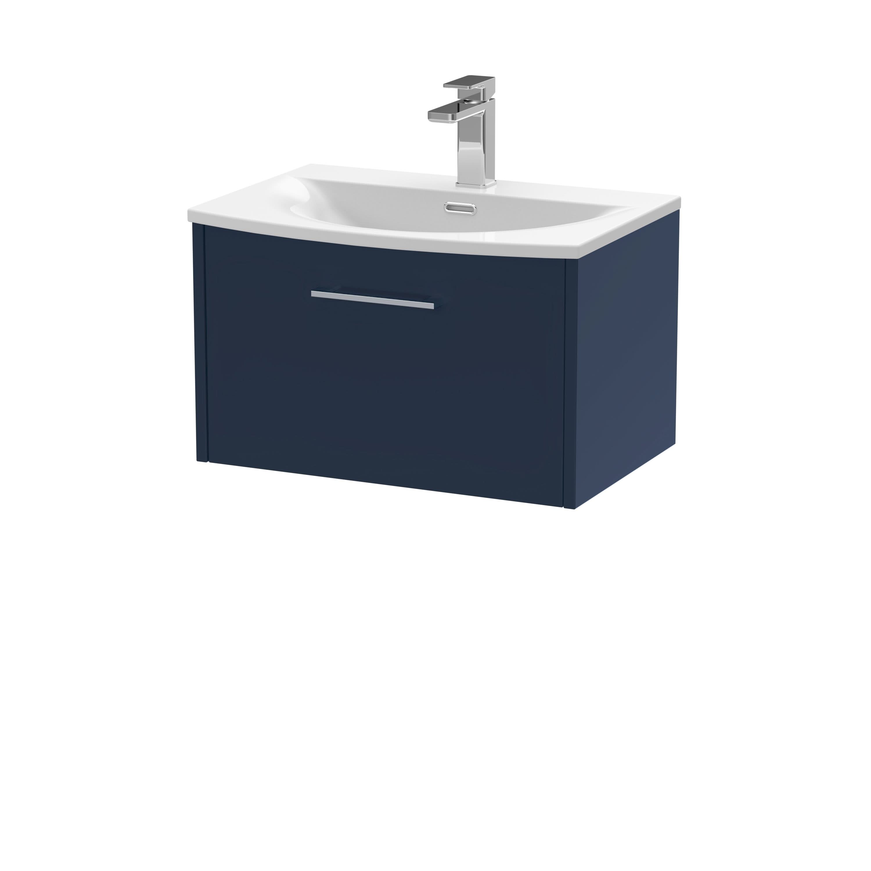 Hudson Reed Juno Wall Hung Single Drawer Vanity Unit with White Basin, Bathroom Vanity Unit with Basin, Modern Sink Vanity Unit for Bathroom in Midnight Blue, 600mm