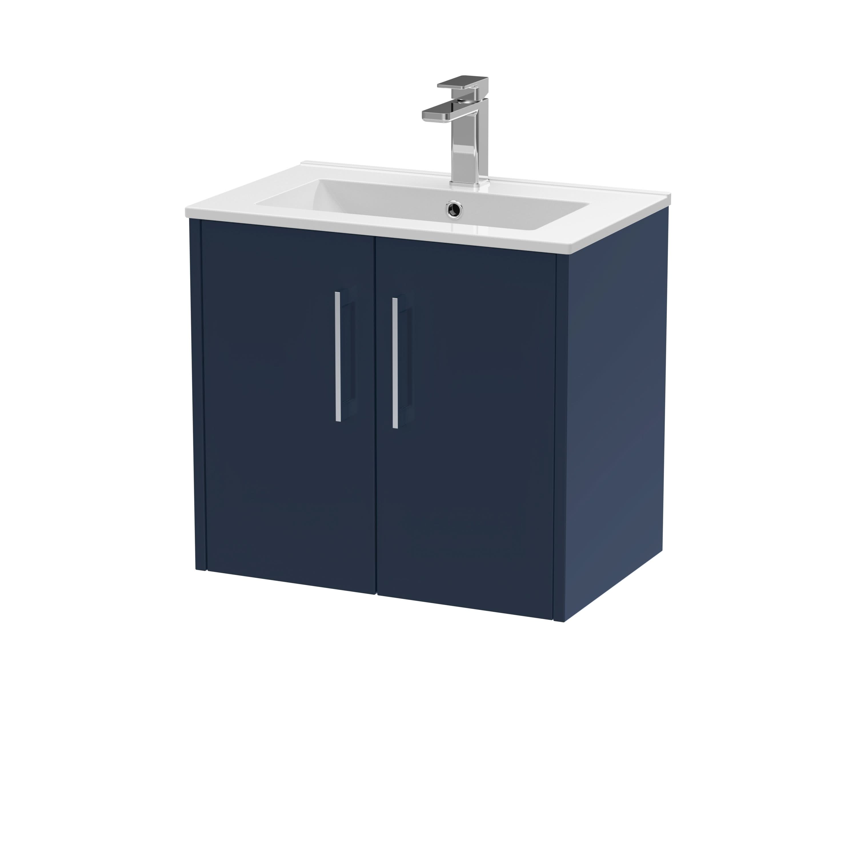 Hudson Reed Juno Wall Hung Vanity Unit with Basin with 1 Tap Hole, Durable 2 Soft-Close Doors Modern Sink Vanity Unit for Bathrooms in Midnight Blue Finish, 600mm