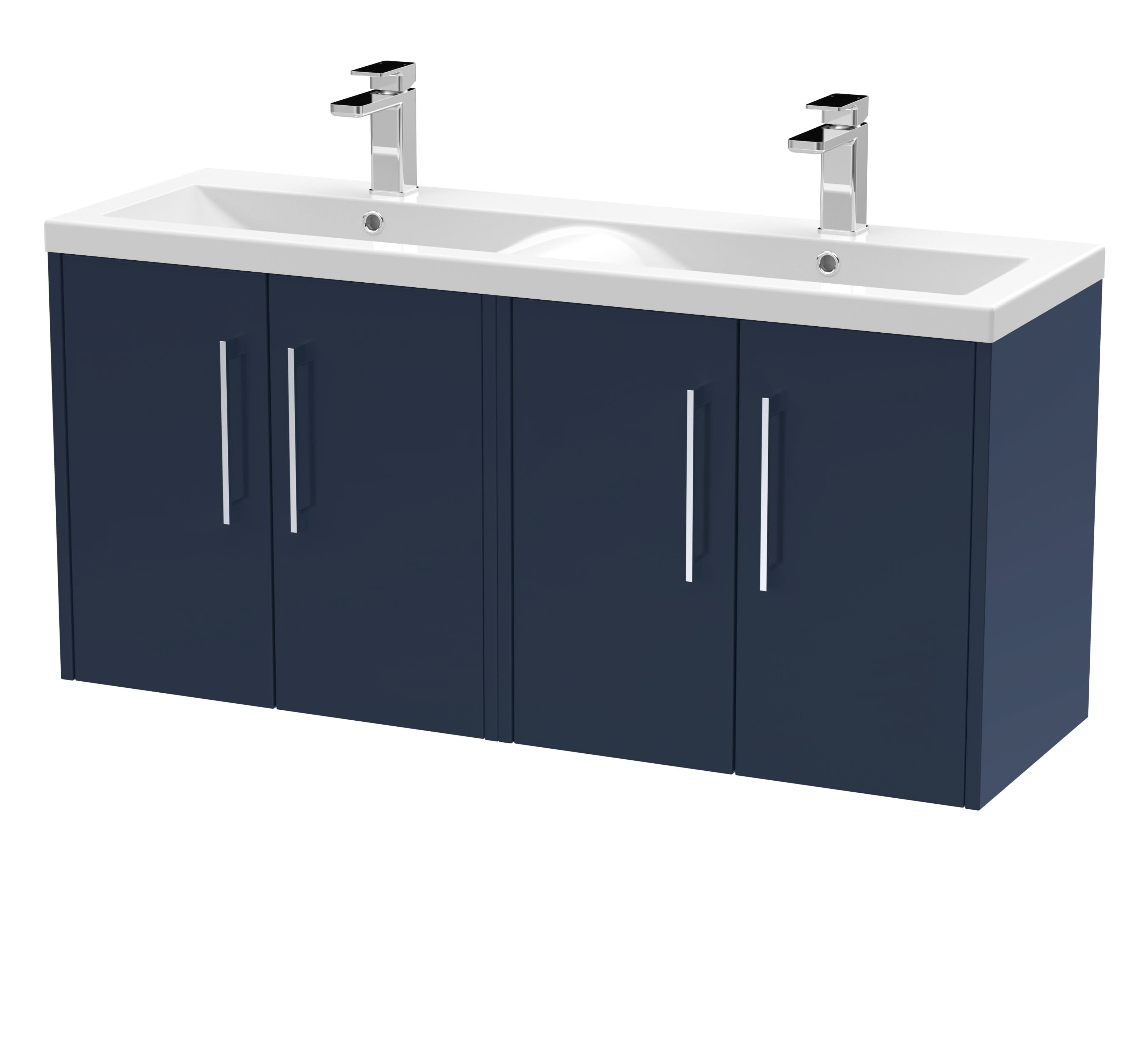 Hudson Reed Juno Wall Hung Vanity Unit with 4 Soft Close Doors and Double Basin, Durable Modern Sink Vanity Unit for Bathroom in Midnight Blue, 1200mm