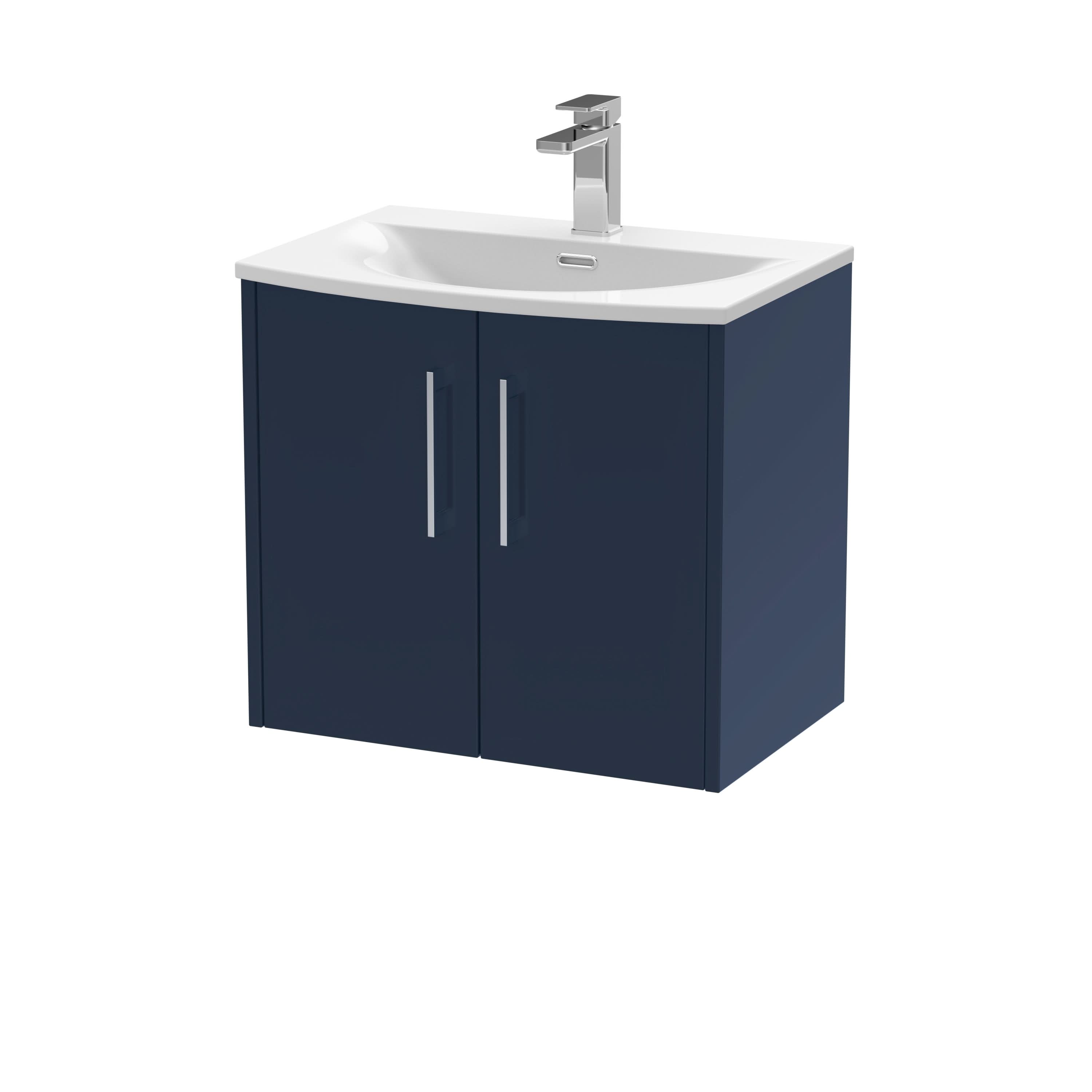 Hudson Reed Juno Wall Hung Vanity Unit and Basin 1 Tap Hole, Durable and Modern Bathroom Vanity Unit 2 Soft-Close Door in Midnight Blue Matt Finish, 600mm