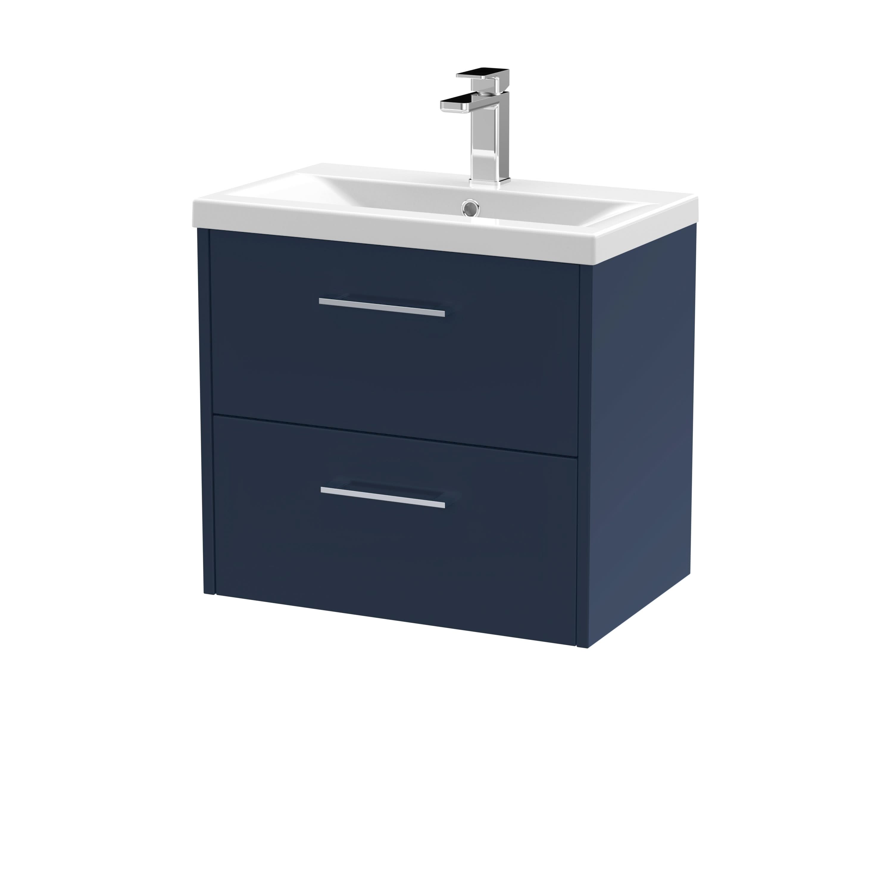 Hudson Reed Juno Wall Hung Vanity Unit with Basin 1 Tap Hole, Modern Wall Hung Vanity Unit with 2 Soft-Close Drawers and D Shape Handles in Midnight Blue, 600mm