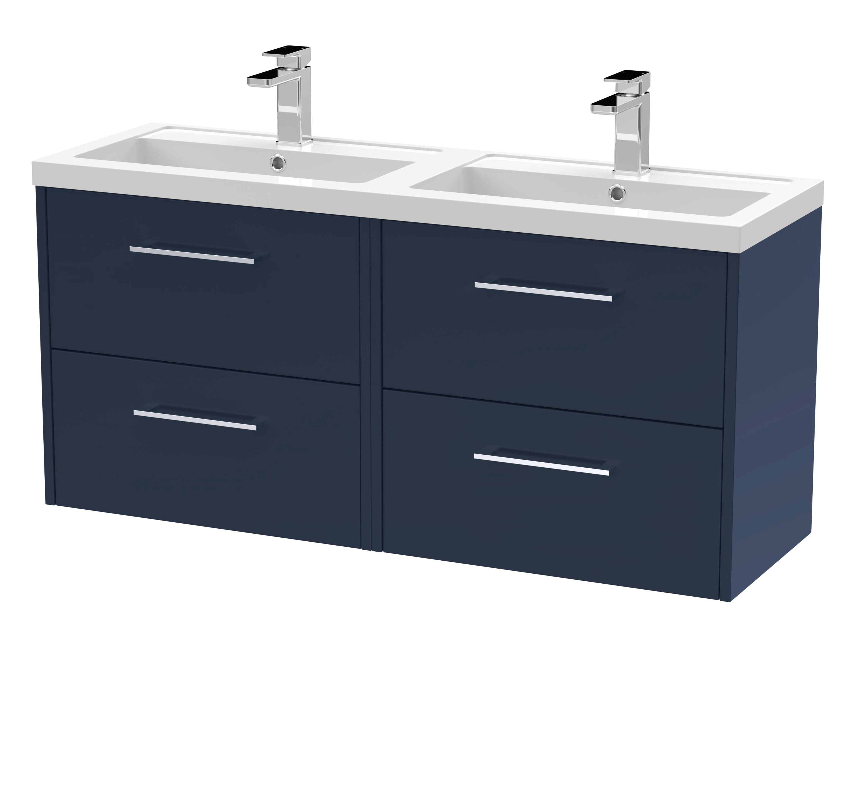 Hudson Reed Juno Wall Hung Vanity Unit with Double Basin 2 Tap Holes, 4 Soft Close Drawers with D Shape Handles Modern Vanity Units in Bathroom in Midnight Blue, 1200mm