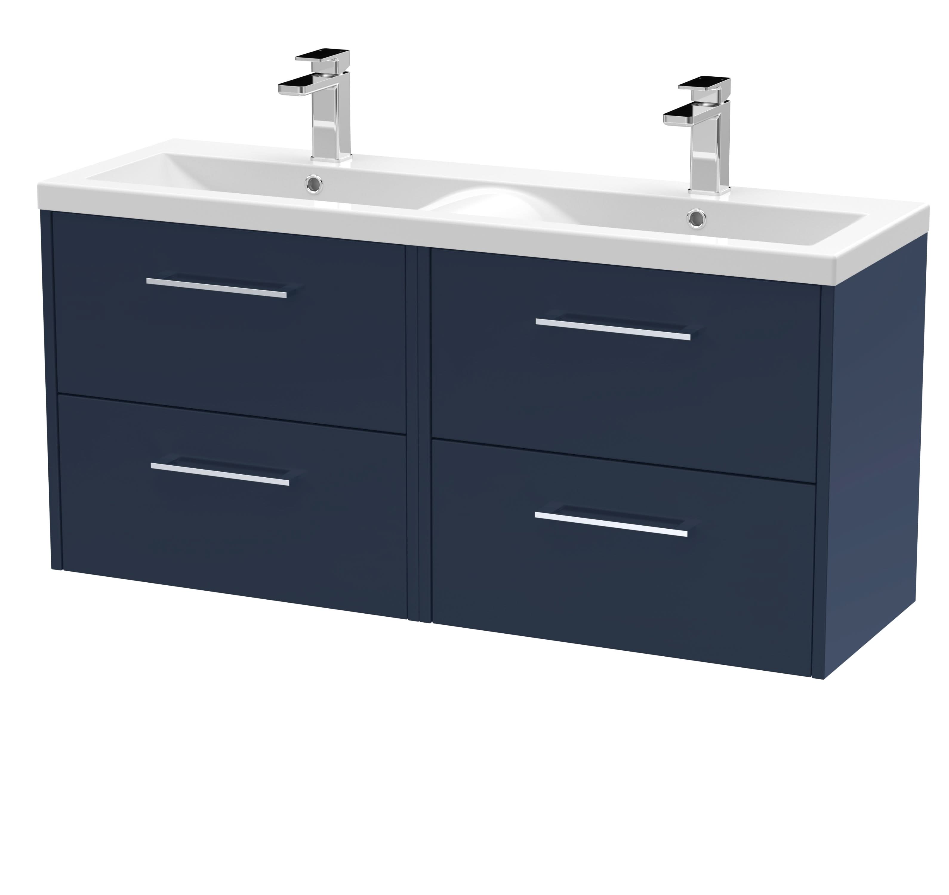 Hudson Reed Juno Wall Hung Vanity Unit with Double Basin 2 Tap Holes, Durable Modern Bathroom Vanity with 4 Soft-Close Drawers and D Shape Handle in Midnight Blue, 1200mm