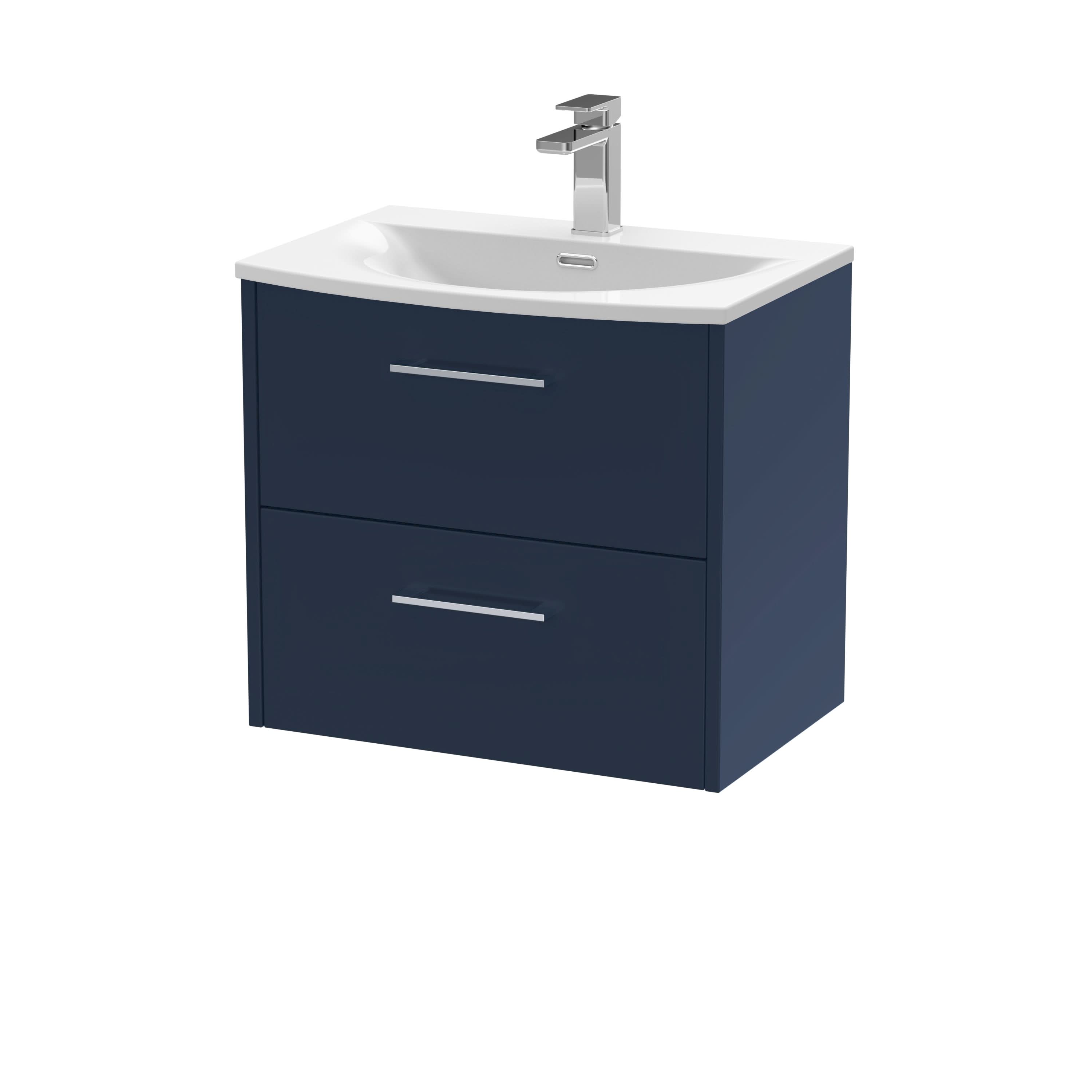 Hudson Reed Juno Wall Hung Vanity Unit with Basin 1 Tap Hole, 2 Soft Close Drawers with D Shape Handles Modern Sink Vanity Unit for Bathrooms in Midnight Blue, 600mm
