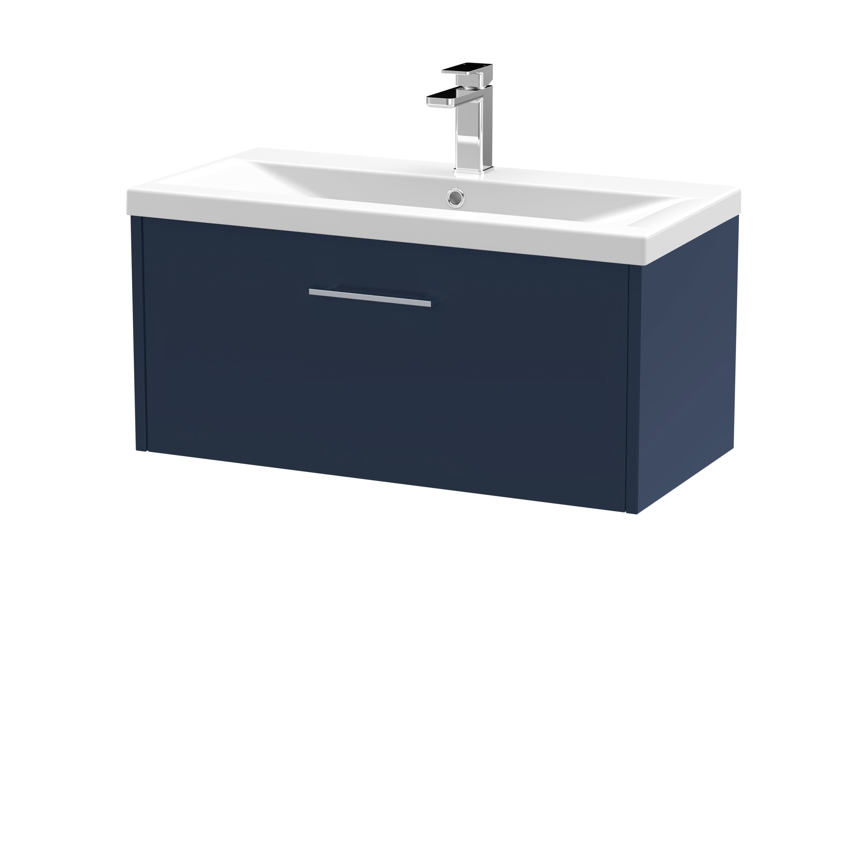 Hudson Reed Juno Wall Hung Single Drawer Vanity Unit with Basin 1 Tap Hole, Durable Soft Close Drawer with D Shape Handle for Modern Bathrooms in Midnight Blue, 800mm