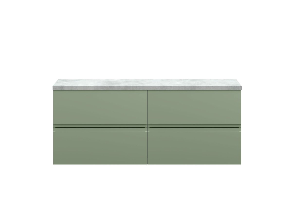 Hudson Reed Urban Wall Hung Countertop Basin Unit, 2 Soft Close Drawers Vanity Unit and Bellato Grey Worktop in Satin Green, 1200mm