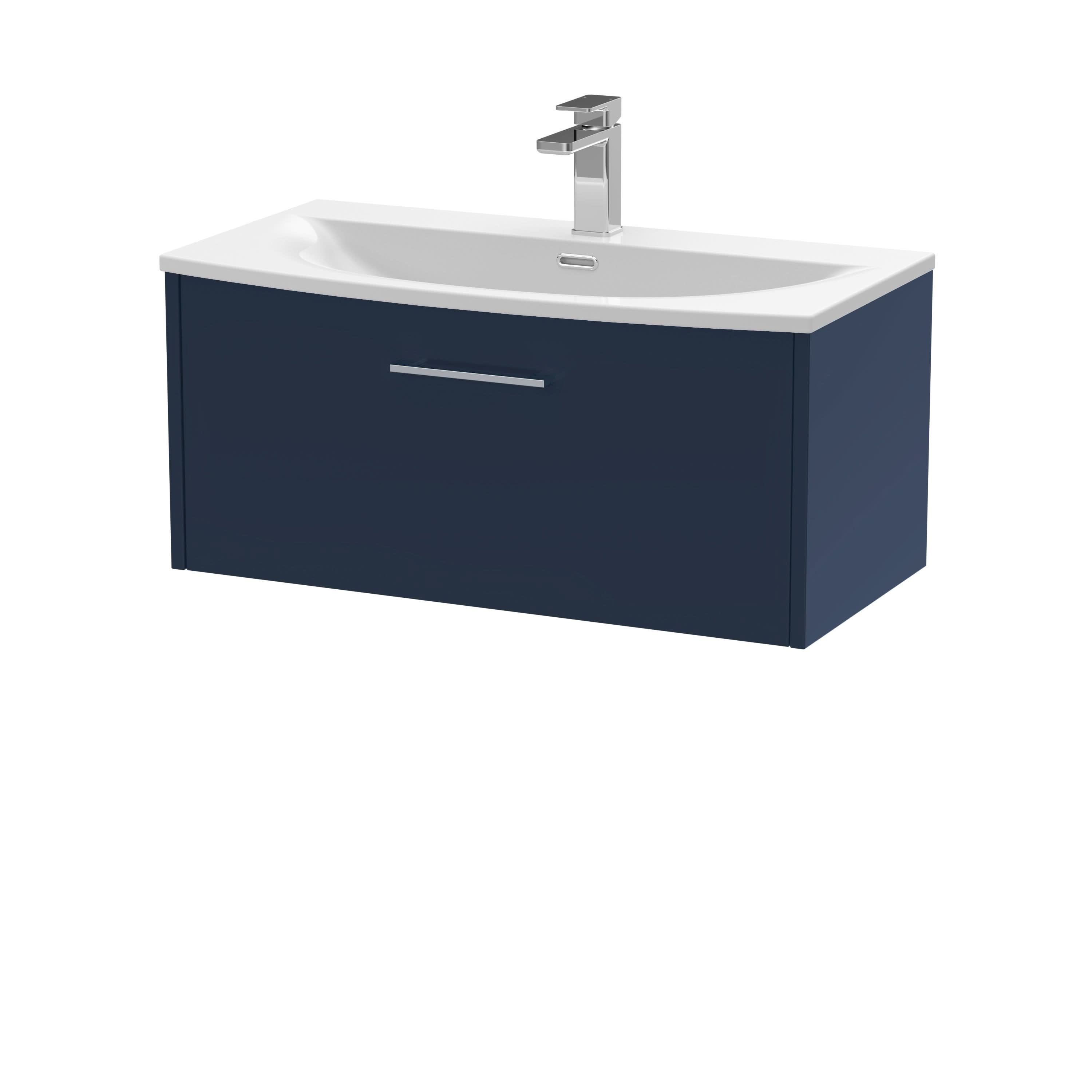 Hudson Reed Juno Wall Hung Vanity Unit with Basin 1 Tap Hole, Soft Close Drawer with D Shape Handle, Modern Sink Vanity Unit for Bathroom Spaces in Midnight Blue, 800mm