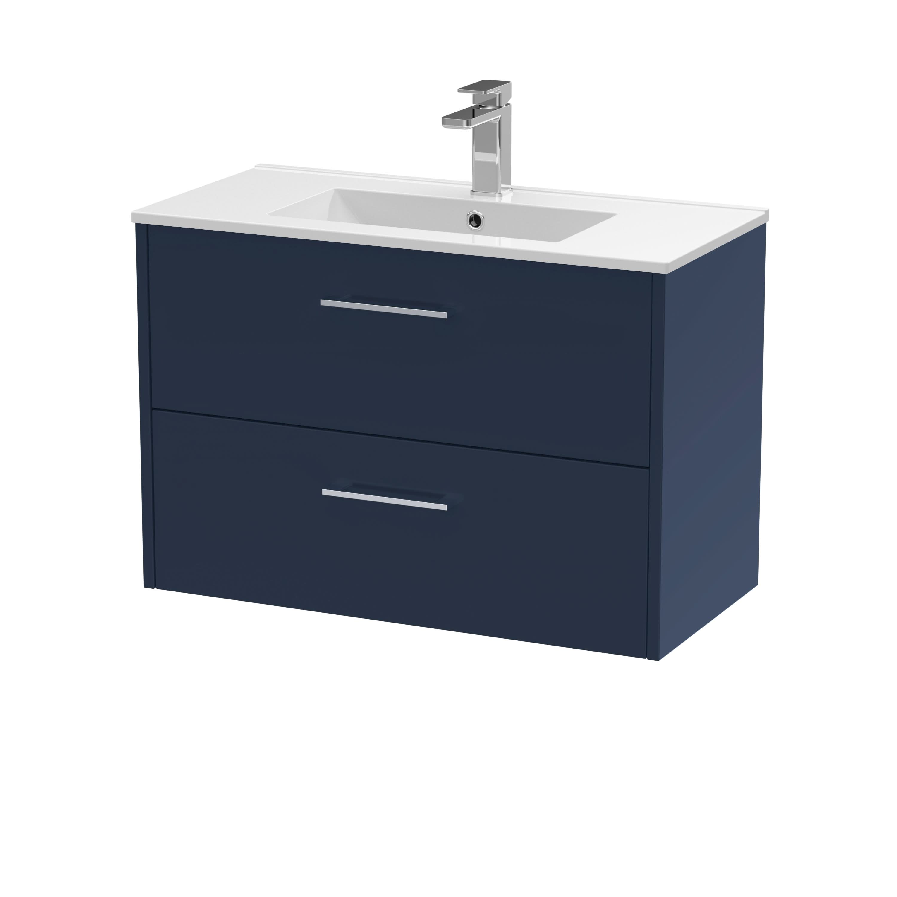 Hudson Reed Juno Wall Hung Vanity Unit with Basin 1 Tap Hole, 2 Soft Close Drawers with D Shape Handle, Modern Vanity Unit for Bathroom Storage in Midnight Blue, 800mm