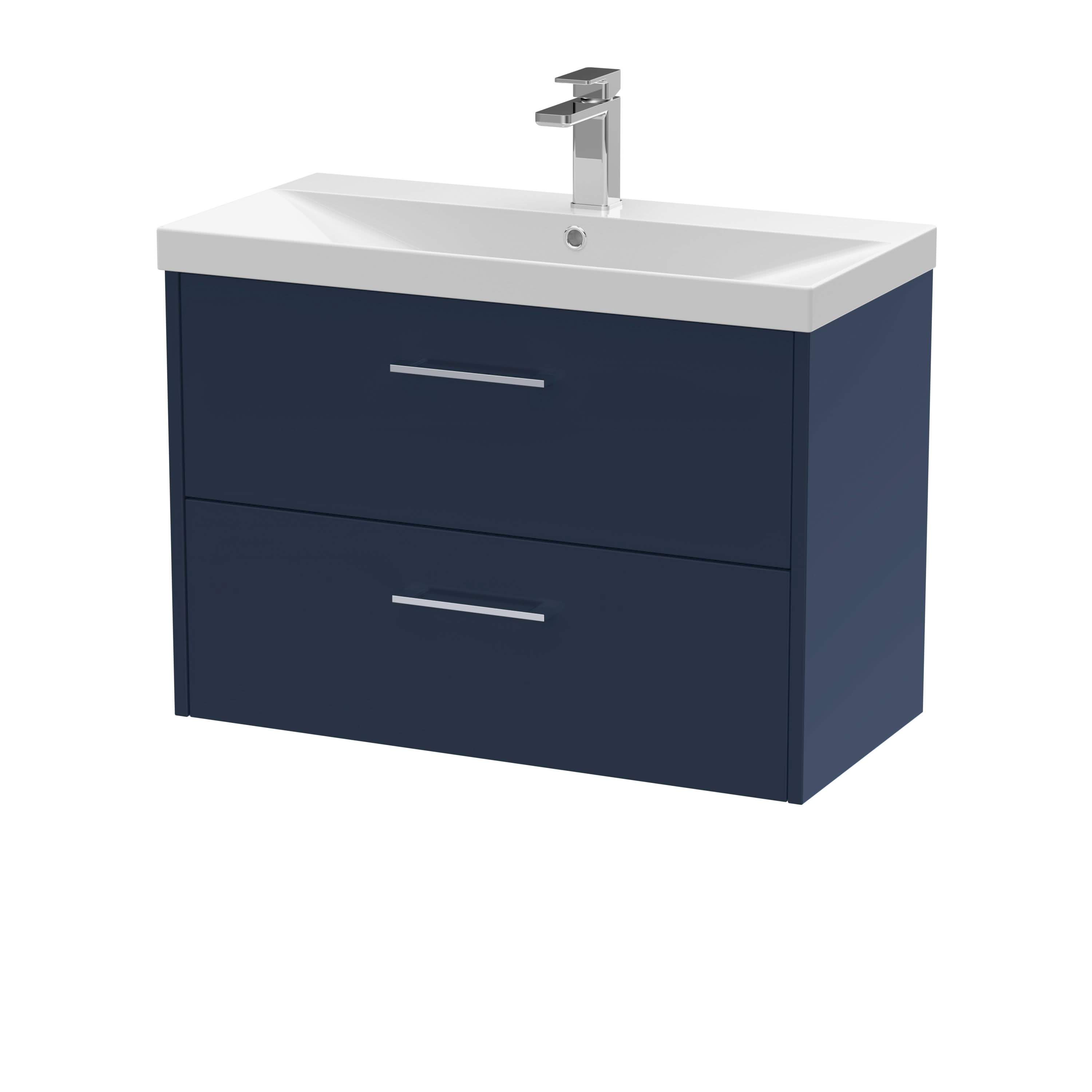 Hudson Reed Juno Wall Hung Vanity Unit with Basin 1 Tap Hole, 2 Soft Close Drawers with D Shape Handle, Modern Sink Vanity Unit for Bathroom in Midnight Blue, 800mm