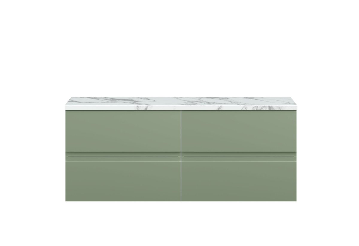 Hudson Reed Urban Wall Hung Countertop Basin Unit, 2 Drawers Vanity Unit and Matt Carrera Marble Worktop in Satin Green, 1200mm