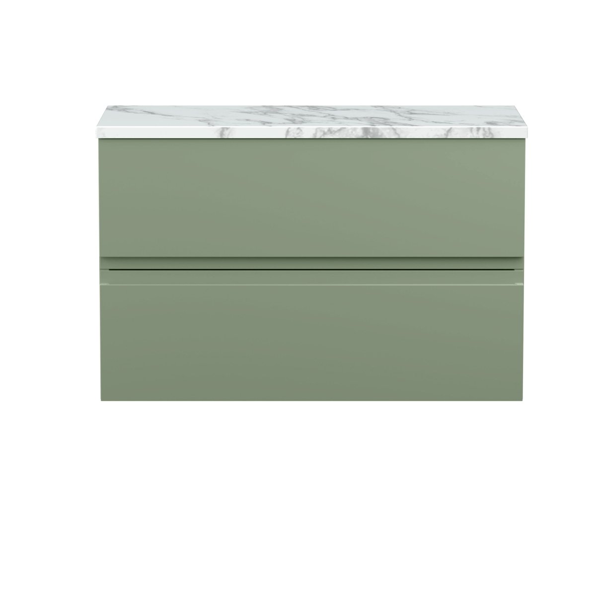 Hudson Reed Urban Wall Hung Countertop Basin Unit, 2 Soft Close Drawers Vanity Unit and Matt Carrera Marble Worktop in Satin Green, 800mm