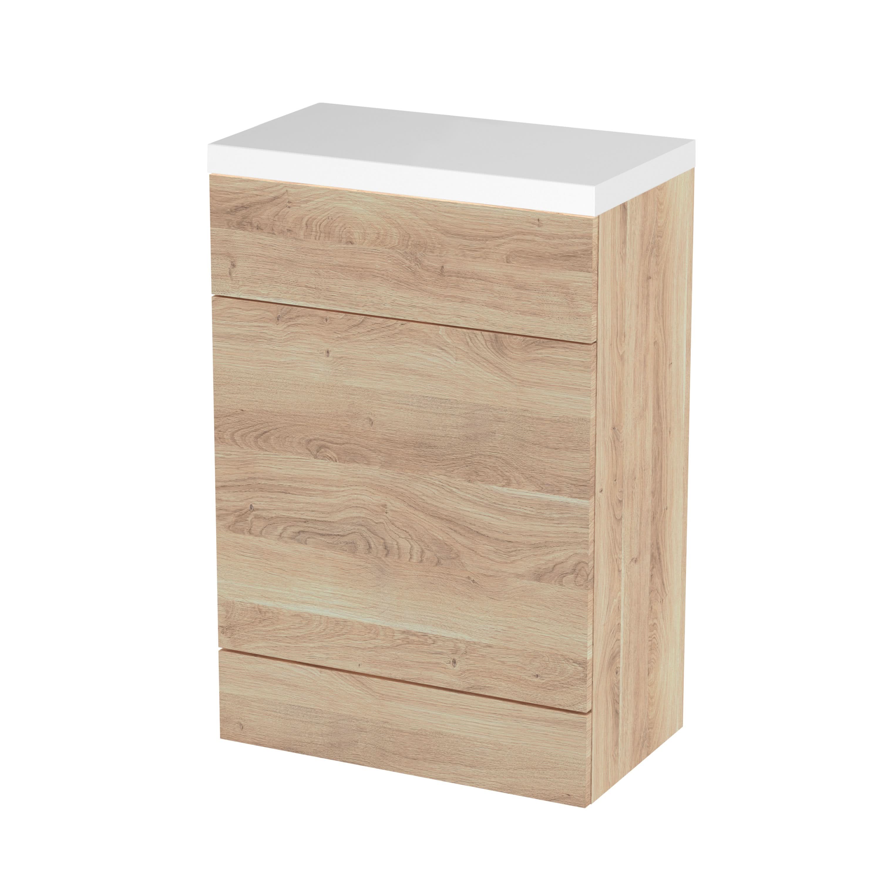 Hudson Reed Fusion Floor Standing WC Unit & Polymarble Top, Stylish Bathroom Storage Unit, Bleached Oak, 600mm